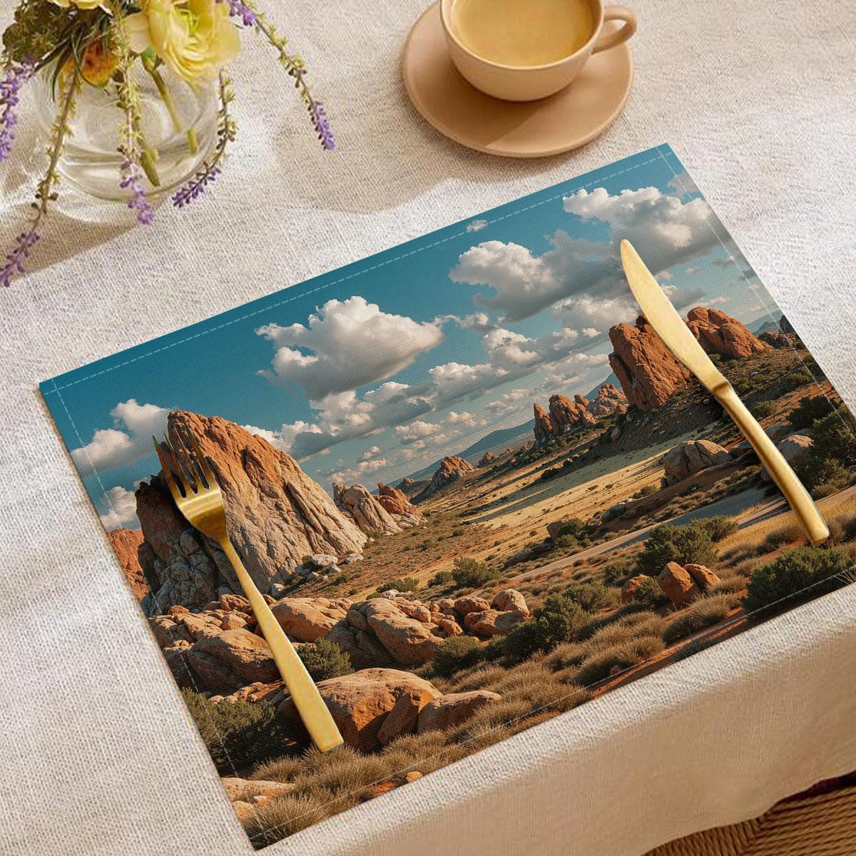Sets de table en lin désert ocre de 8 pièces 30x45cm paysage forestier