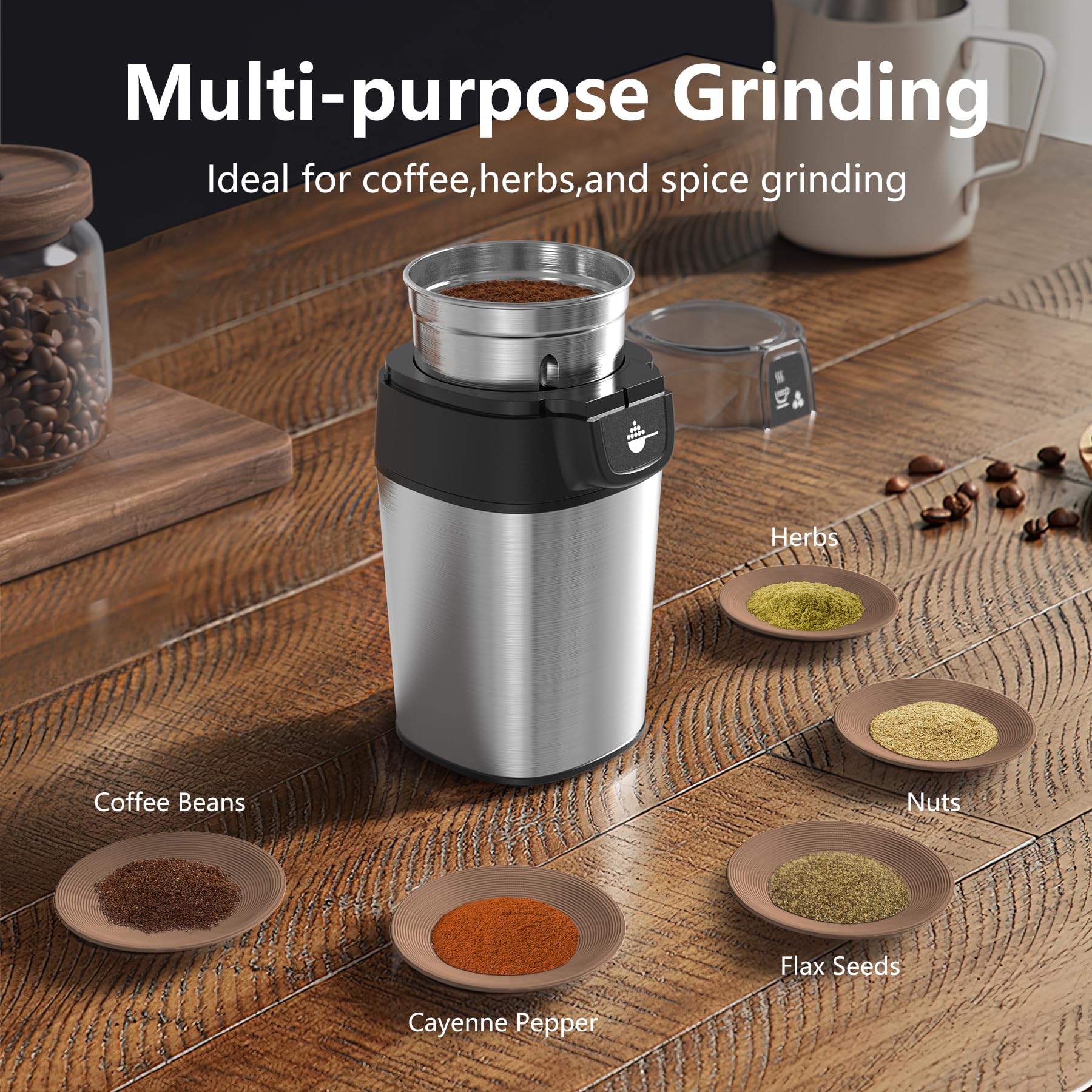 OMISOON Macina Caffe' Elettrico 200W, Macinacaffè Elettrico con Contenitori Rimovibili in acciaio inossidabile, 70g Capacità, per Chicchi di Caffè, Spezie, Cereali, Pepe, Noci