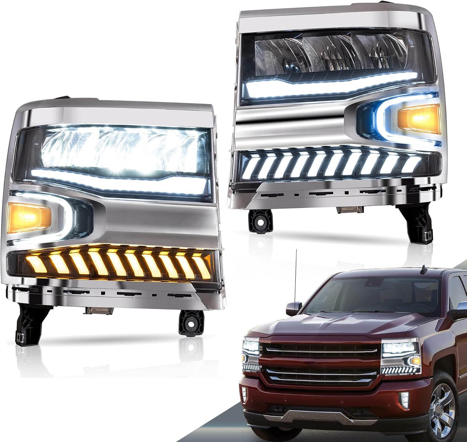 VLAND LED Headlights Compatible with Chevy Silverado 1500 2016-2018 (Not Fit Factory LED Models) Front Lamp w/Reflective Bowl w/Dynamic Animation&Blue Breathing Light w/Sequential, Amber Reflector