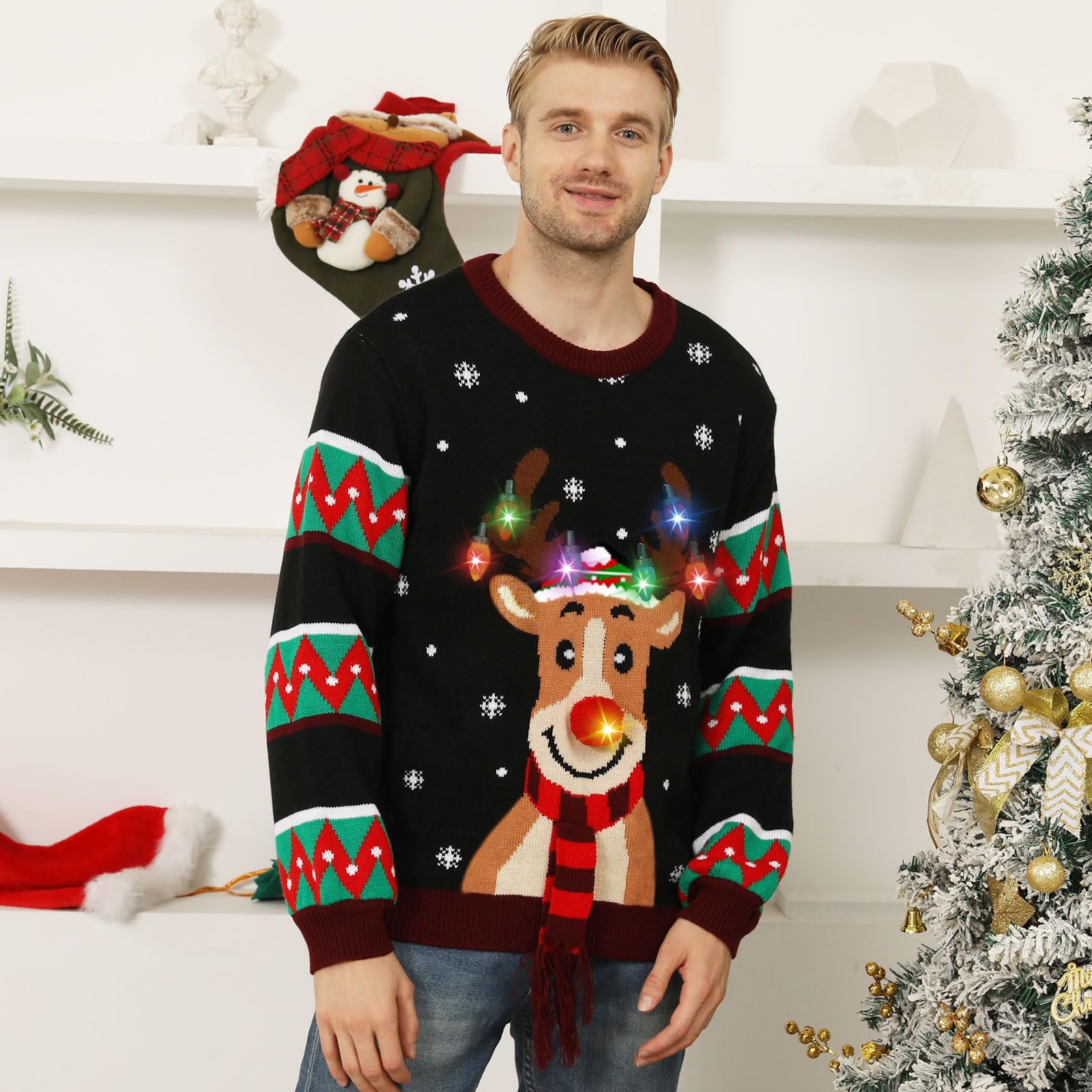 Maglione Natalizio con Luci, Maglioni Natalizi Famiglia Coppia Maglione Natale Uomo e Donna, Brutti Maglione Natalizio LED con Renna Stampato, Girocollo Ugly Christmas Sweater Maglioni di Natale