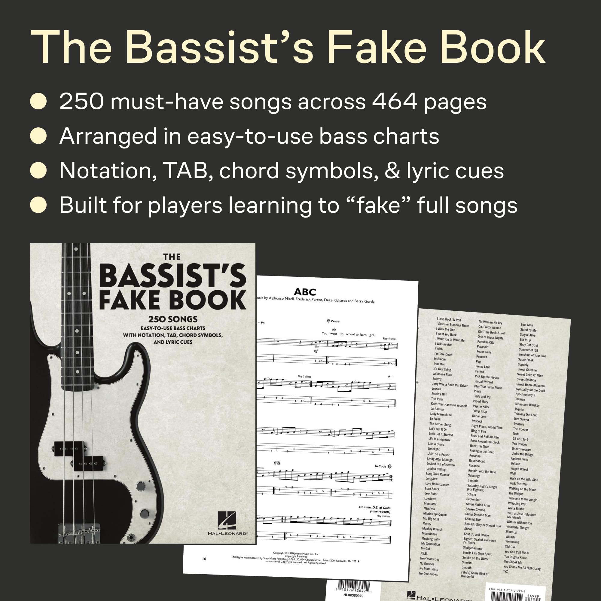 The Bassist's Fake Book 250 Songs | Raccolta per basso elettrico con tablature notazione standard simboli degli accordi e lyric cues | 250 classici ... Notation, Tab, Chord Symbols, and Lyric Cues