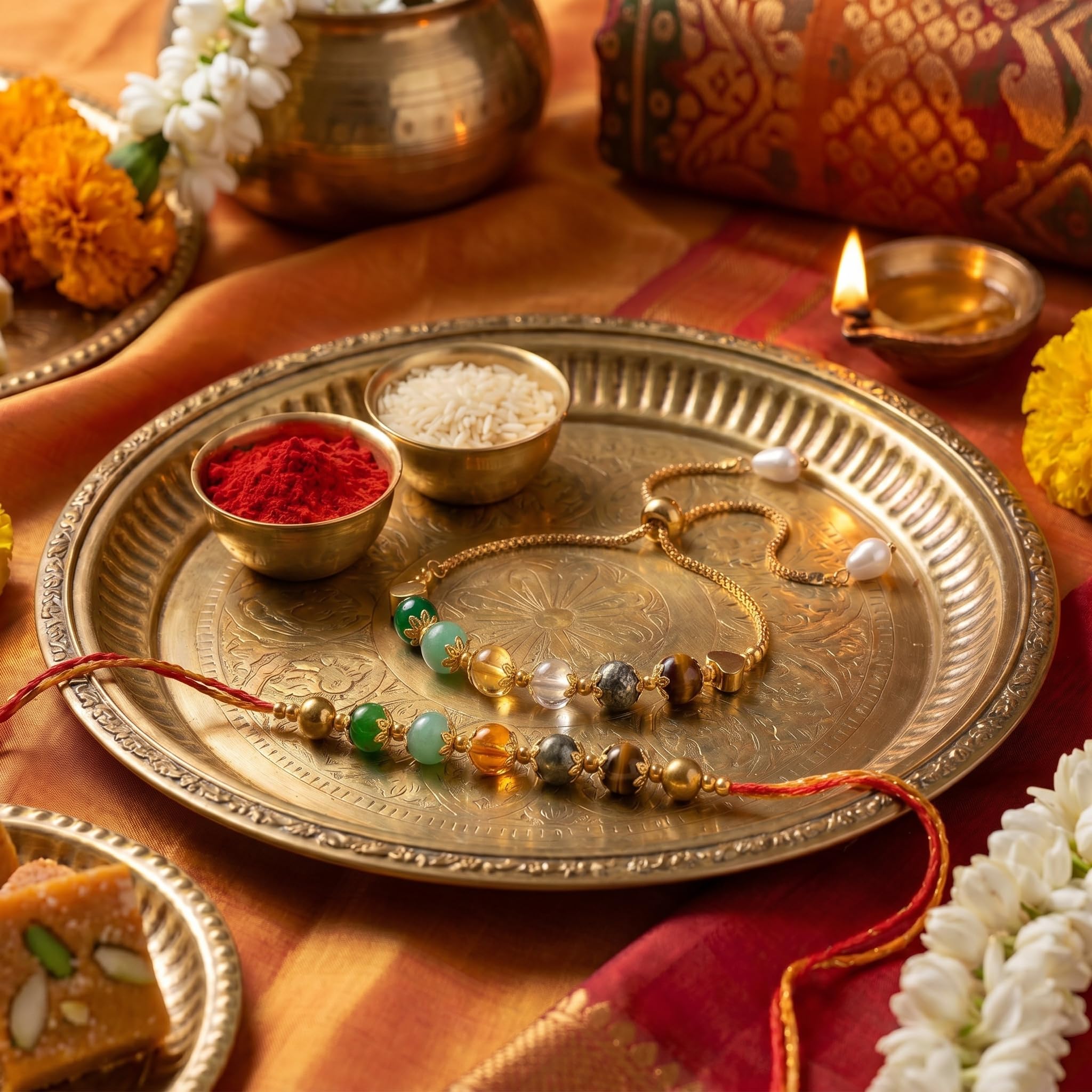 Dhan yog rakhi for Brother and Bhabhi Lumba Combo Set, Gold-Tone Adjustable Bracelet Lumba Combo for Sibling Couple, Girls Festive Thread Pair with Roli Chawal Tilak Pack, Stone Charm Accessory, Rakshabandhan Celebration Gift