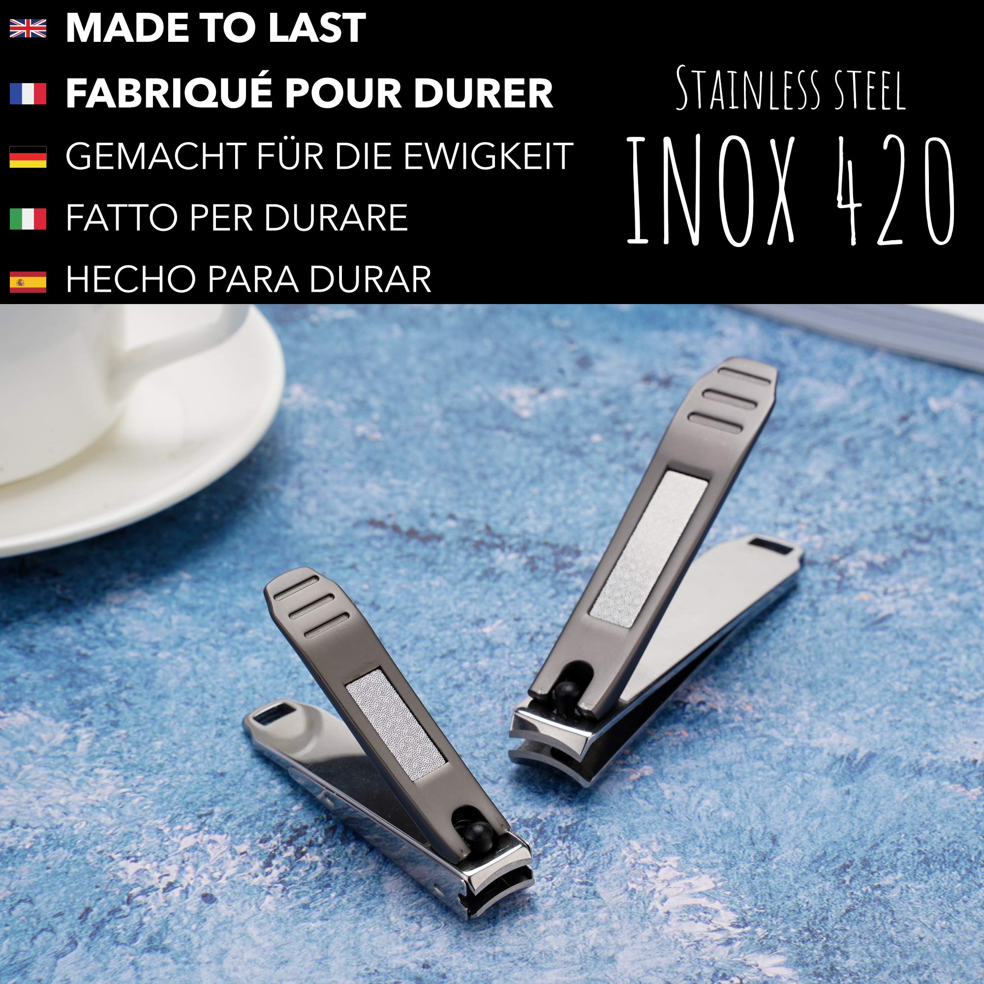 Coupe Ongle Avec Réservoir En Acier Inoxydable [GARANTIE 5 ANS] Marque Française - Kit De 2 Coupe-ongles Petit Et Grand - Avec Lime Intégrée Et Étui De Rangement