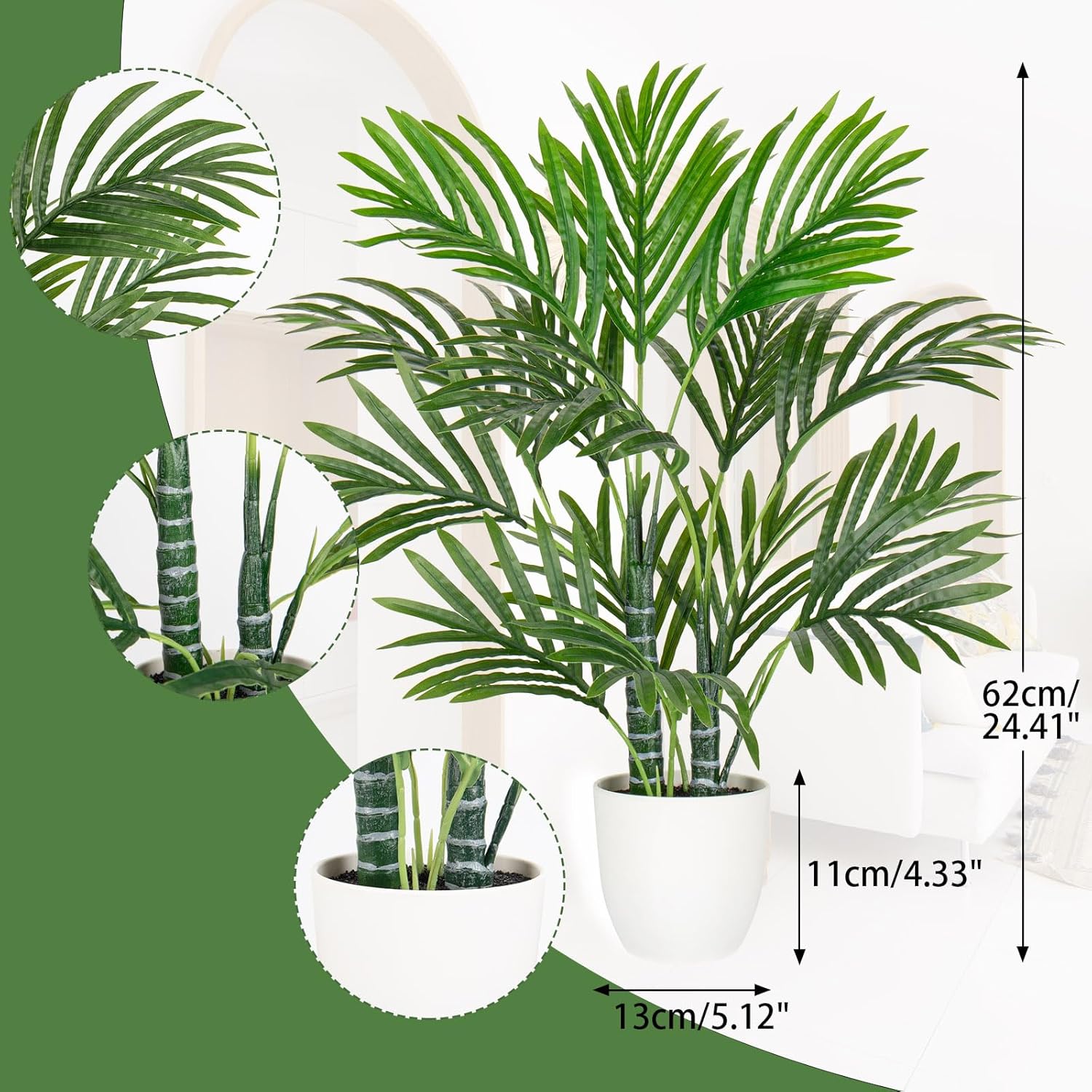 Briful Fake Plants 2ft. Realistic Artificial Palm Tree Greenery Faux Tree Indoor Potted Tropical Plants with White Pot for Home Decor Living Room Porch Patio Farmhouse