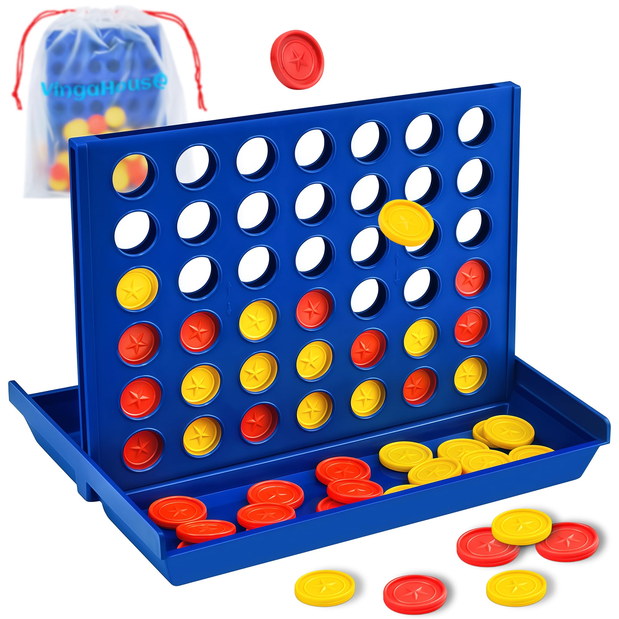 VingaHouse 4 in einer Reihe Spiel, Strategiespiel für 2 Spieler, Familienspiel ab 3+ Jahren, Pädagogisches Lernspielzeug, Brettspiel für Kinder & Erwachsene, Geschenk für Zuhause & Reisen [Stern Groß]
