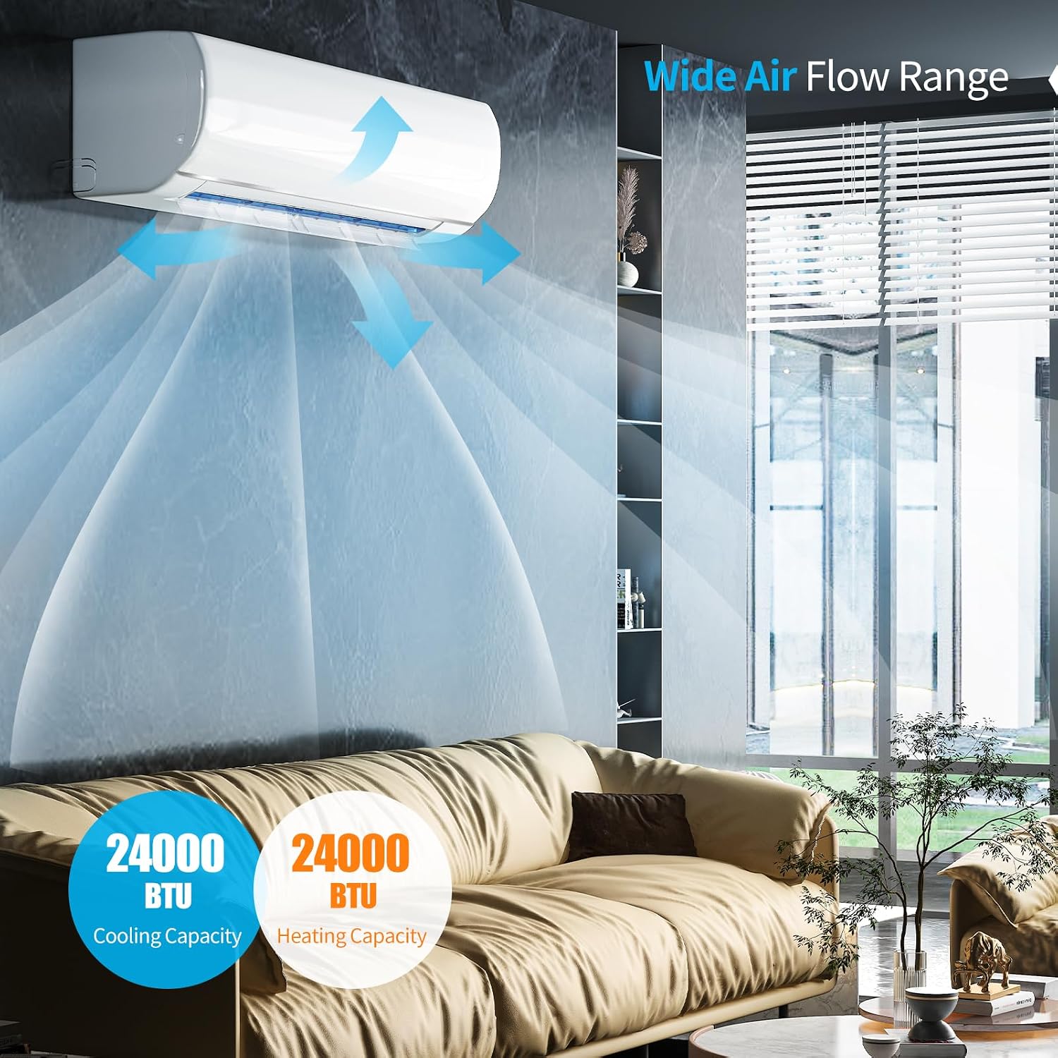 Graphic illustrating wide air flow range from the indoor unit