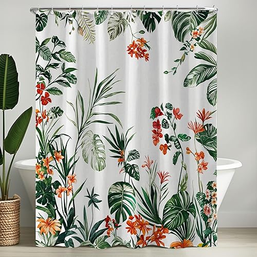 Miniatura 9 de kampdream Cortina de ducha botánica tropical, cortina de baño con hojas de acuarela y flores, cortinas impermeables para tina, verde y rojo sobre
