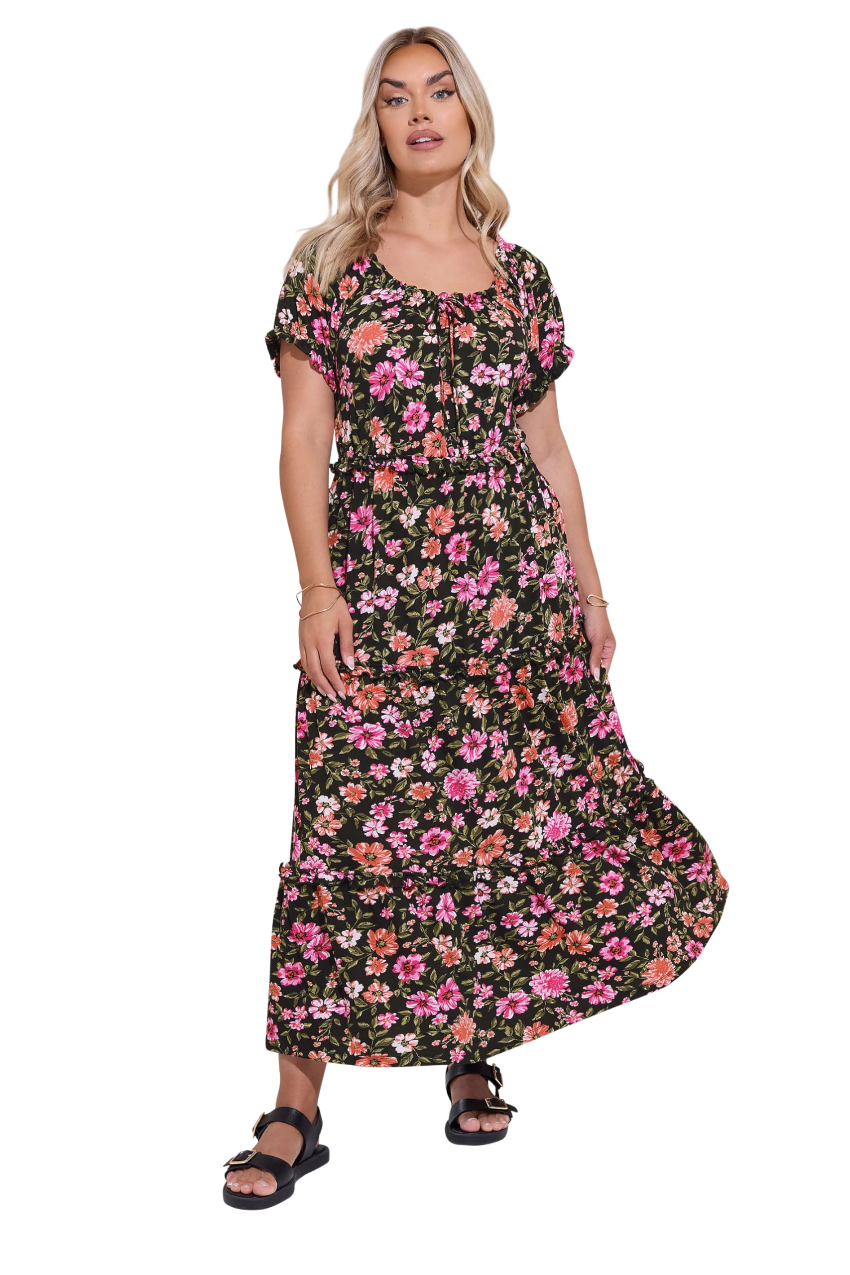 Yours Women's Black Curve Floral Tiered Frill Maxi Dress - Plus Size Curve