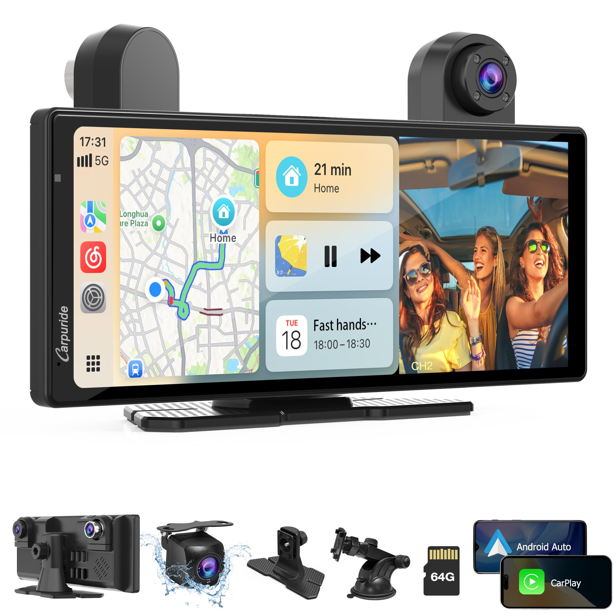 CARPURIDE W903S Schermo con CarPlay & Android Auto e Dash Cam 3 Canali | IPS HD 9,3", Telecam Frontale 4K, Posteriore 1080P, Infrarossi 1080P, Registrazione Loop, GPS, Bluetooth, Siri, Mirror Link