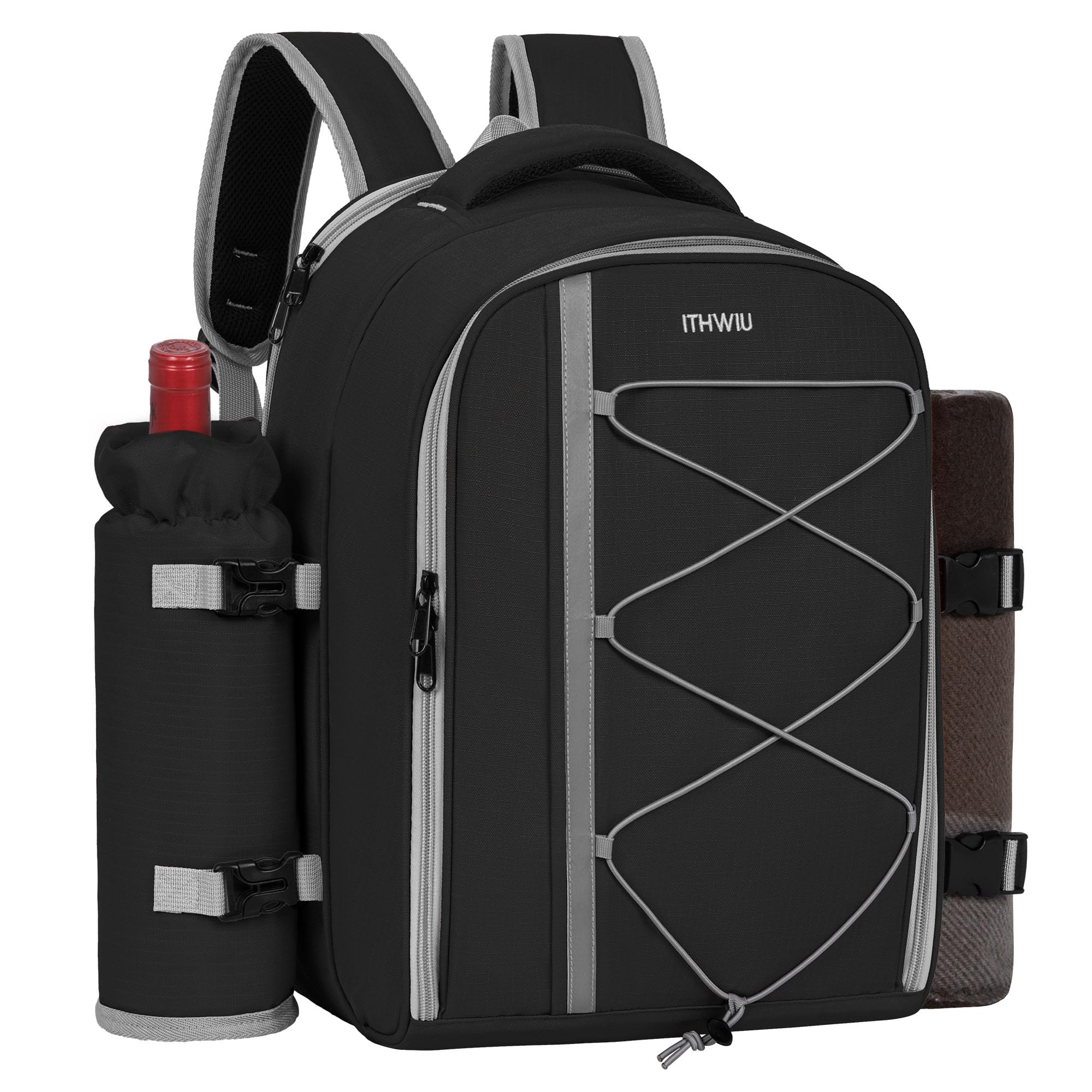 Picknick-Rucksack für 4 Personen, mit Kühlfach, isoliert und wasserdicht, Picknicktasche mit Set und Decke, für Strand, Camping, Wandern (schwarz)