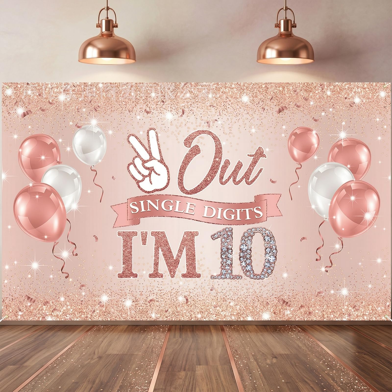 10th Birthday decorations for girls, Gliter Rose Gold 1.5 x 0.9m Happy Birthday Banner Backdrop 10th Birthday Decorations, 10 Years Old Anniversary Party Supplies (rose gold)
