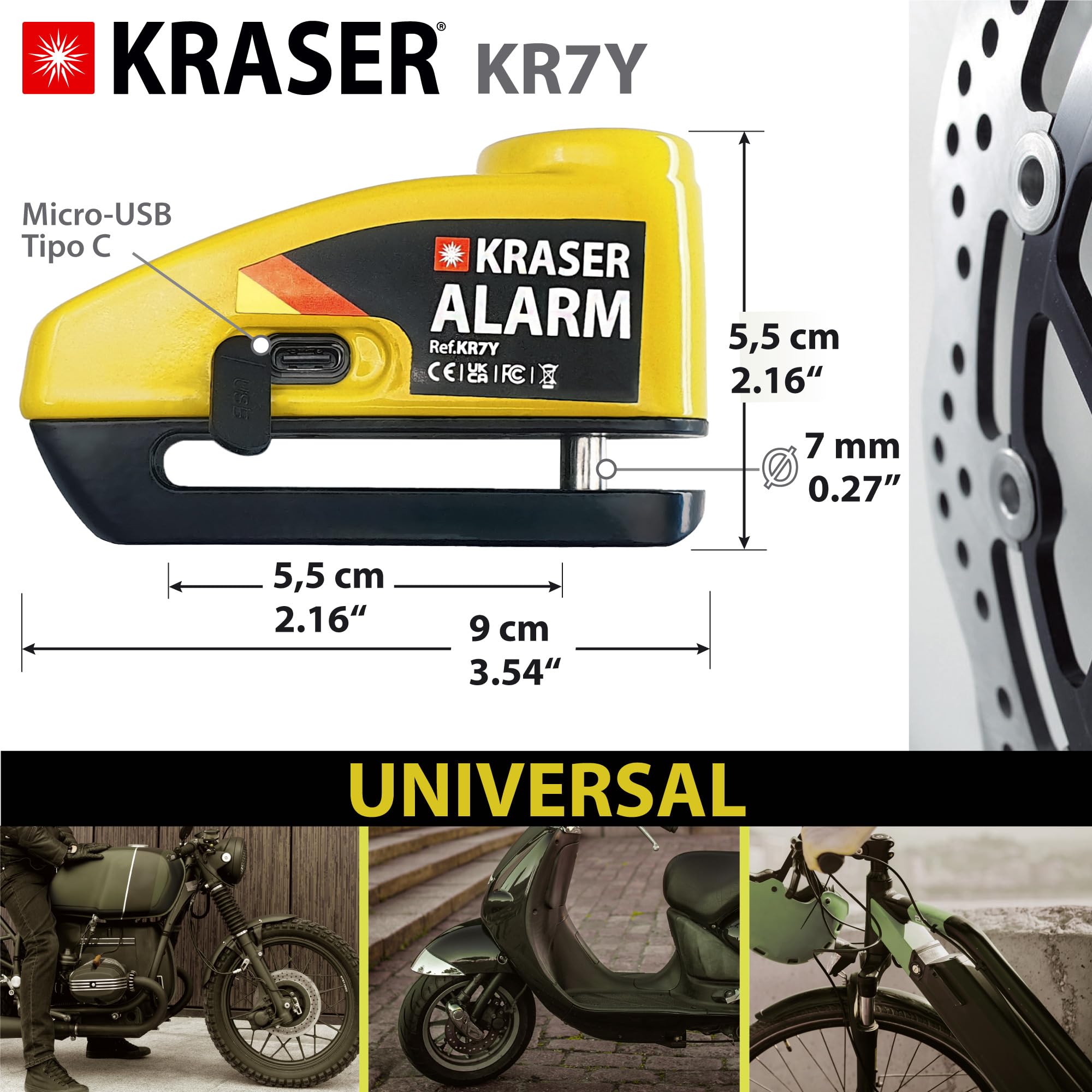 KRASER KR7Y Candado Disco Moto con Alarma 110dB Batería Recargable USB, Sensor de Movimiento, Impermeable Resistente Visible, Antirrobo Cepo Pinza Freno Bloqueo 7mm Universal, Amarillo