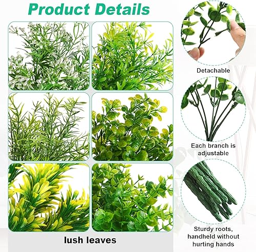 Miniatura 2 de 24 paquetes de tallos artificiales de vegetación mixtos, plantas de plástico falsas y flores sintéticas resistentes a los rayos UV, ramas de plantas