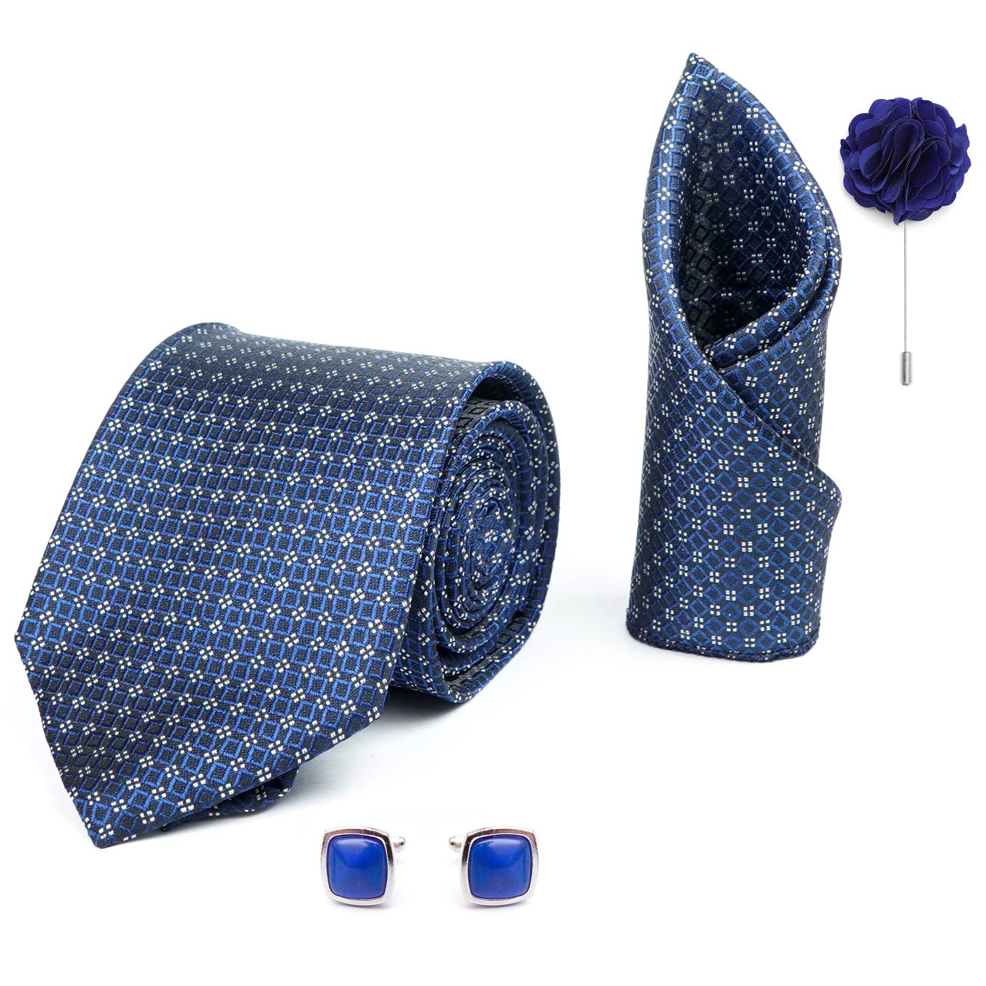 axlon Mens Plaid Dotted Silk Necktie Gift Set With Pocket Square Cufflinks & Brooch Pin Tie For Men Formal With Leatherite Box (4D4RX Free Size) | (Leather Gift Box) (Pack of 4)-picture-3