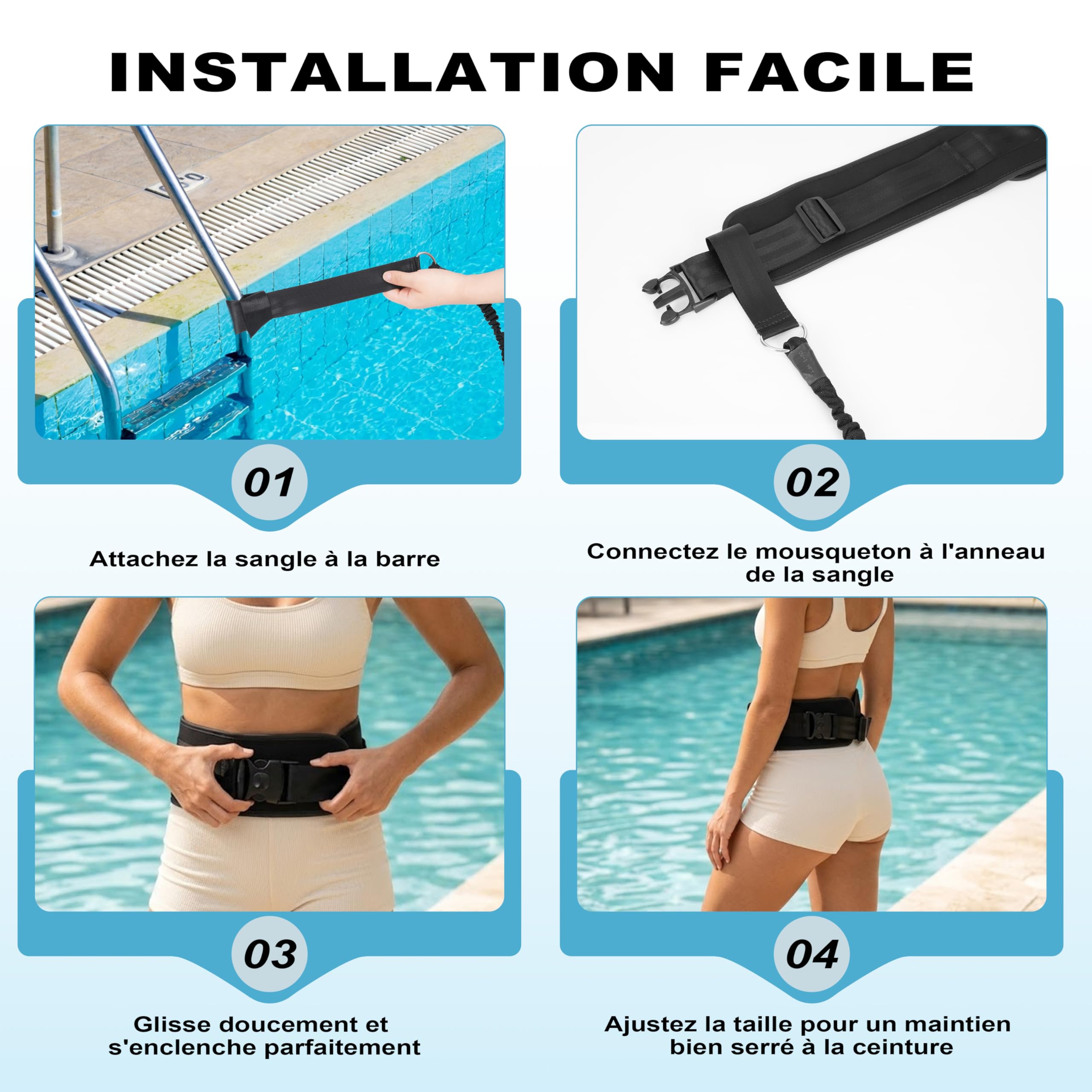 Boosteady Ceinture de Natation Réglable Large et Épaisse: Accessoire Piscine Ceinture de Flottaison 4M aux Adultes et Adolescents, Elastique de Nage Piscine pour Nage Contre Courant