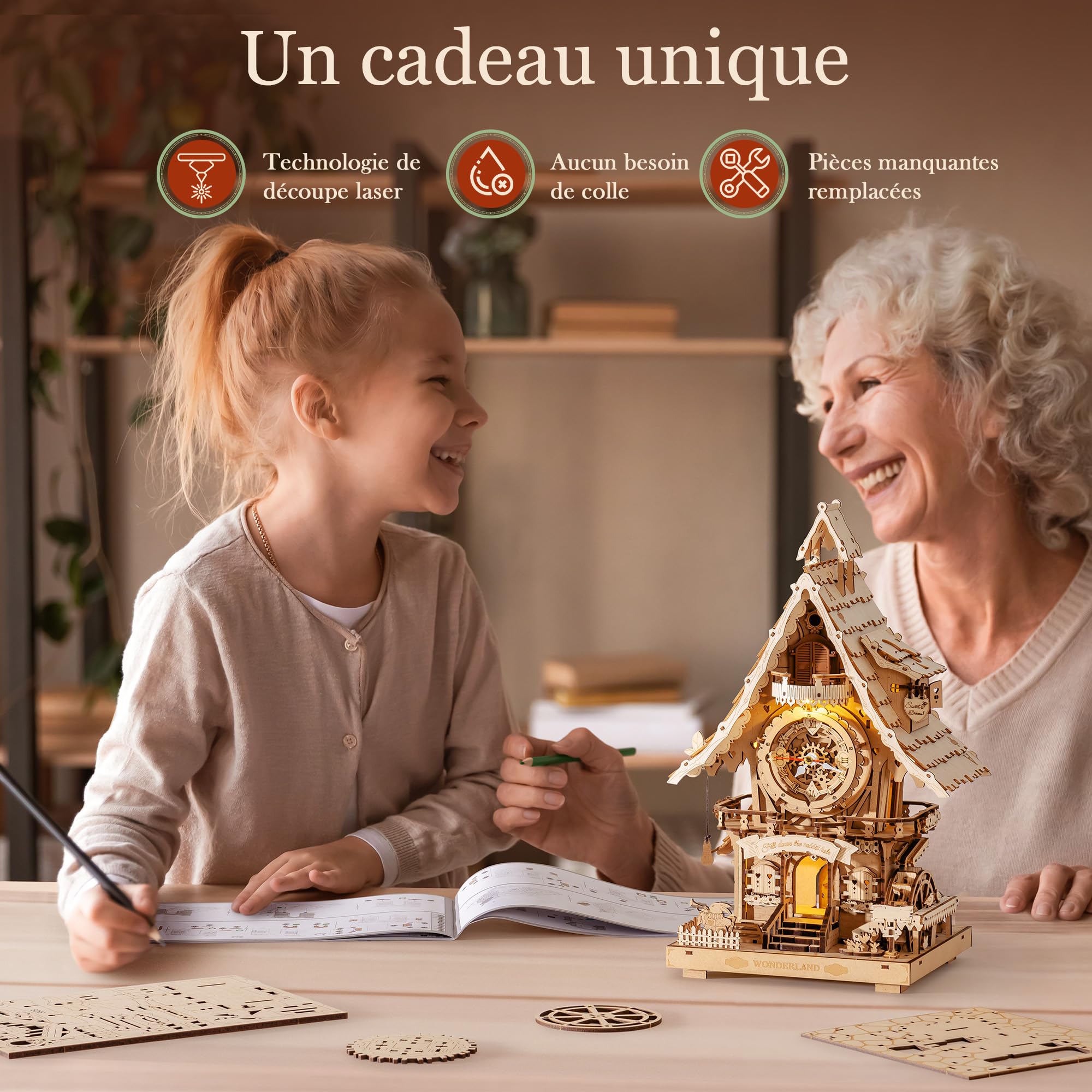 ROBOTIME Puzzle 3D Horloge à Coucou en Bois pour Adultes,Kit de Modèle à Construire,Horloge Fonctionnelle avec Son du Coucou,Décoration Maison,Cadeau pour Adolescents&Adultes,LC901 (Couleur de Bois)