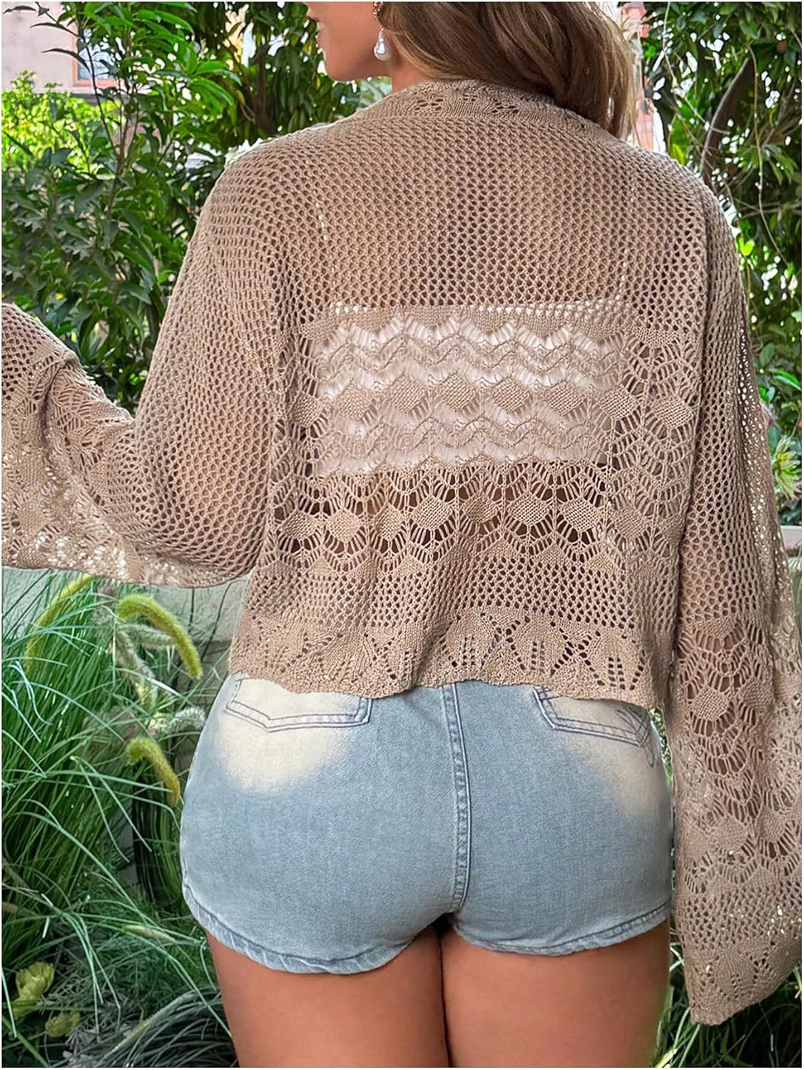 Floerns Women's Plus Size V Neck Long Flounce Sleeve Tie Front Knit Crop Cardigan - Image 3