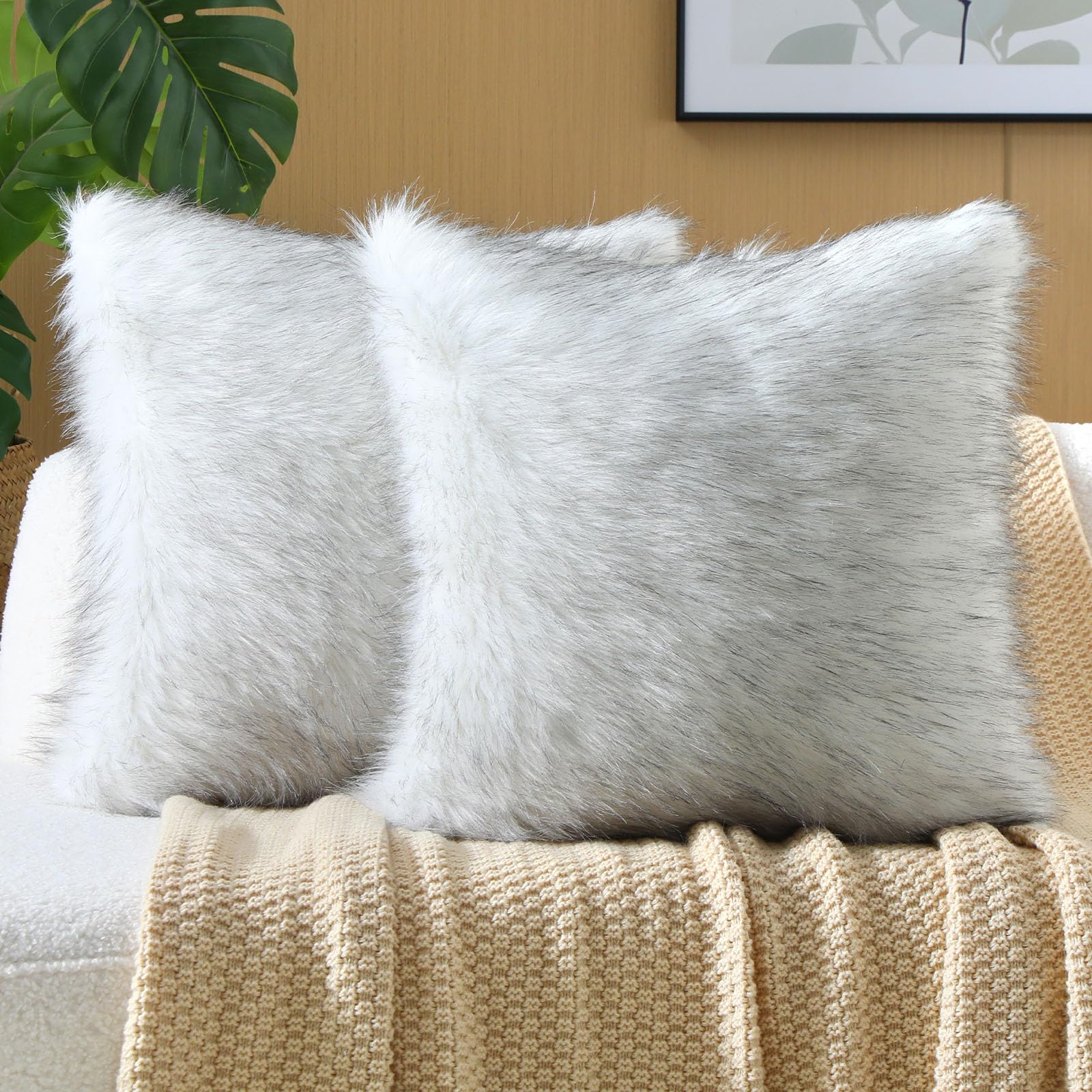 FUTEI Black White Decorative Throw Pillow Covers 18x18 Inch Set of 2,Soft Fluffy Faux Fox Fur Textured Cushion Case,Modern Home Decor for Couch Living