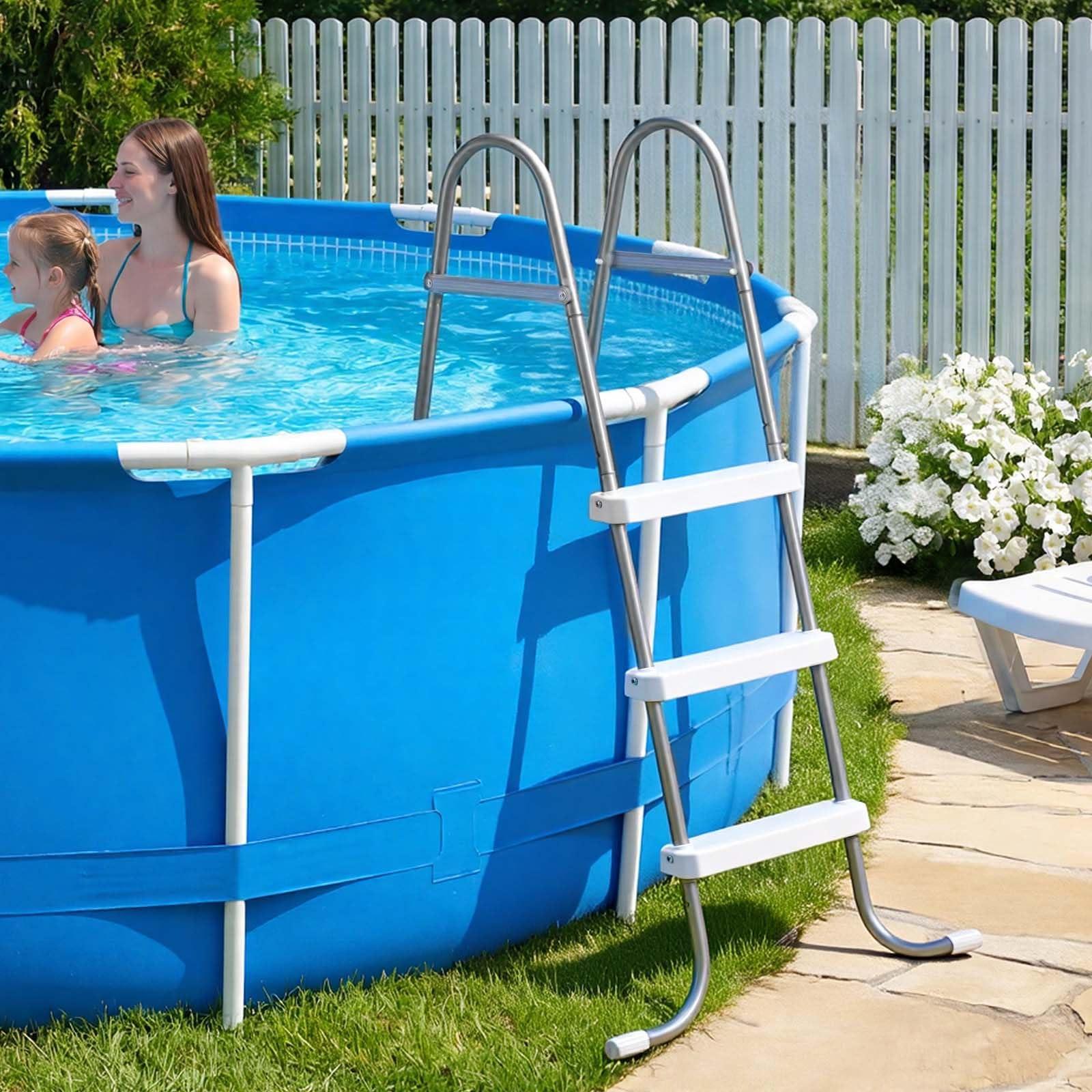 VEVOR Échelle de Piscine Hors Sol 106,7 cm Acier Carbone 3 Marches PP Antidérapantes Capacité Charge 136 kg Gris Blanc