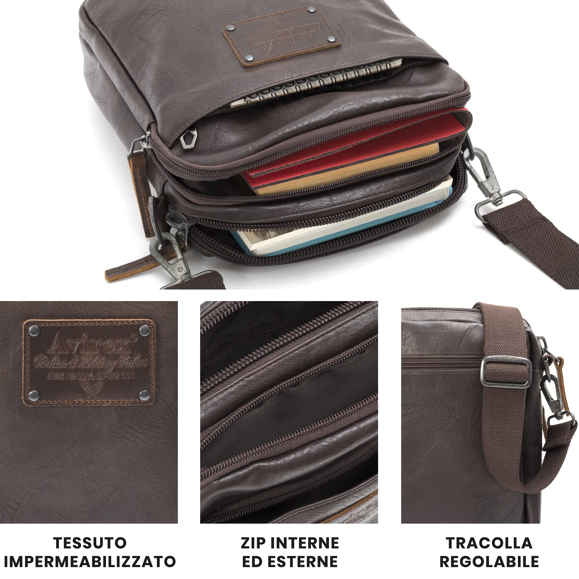 Avirex Borsello Uomo a Tracolla in Eco Pelle, Borsa a Tracolla Uomo Impermeabile con Tasche a Zip in Stile Militare, Collezione Buffalo BFL03