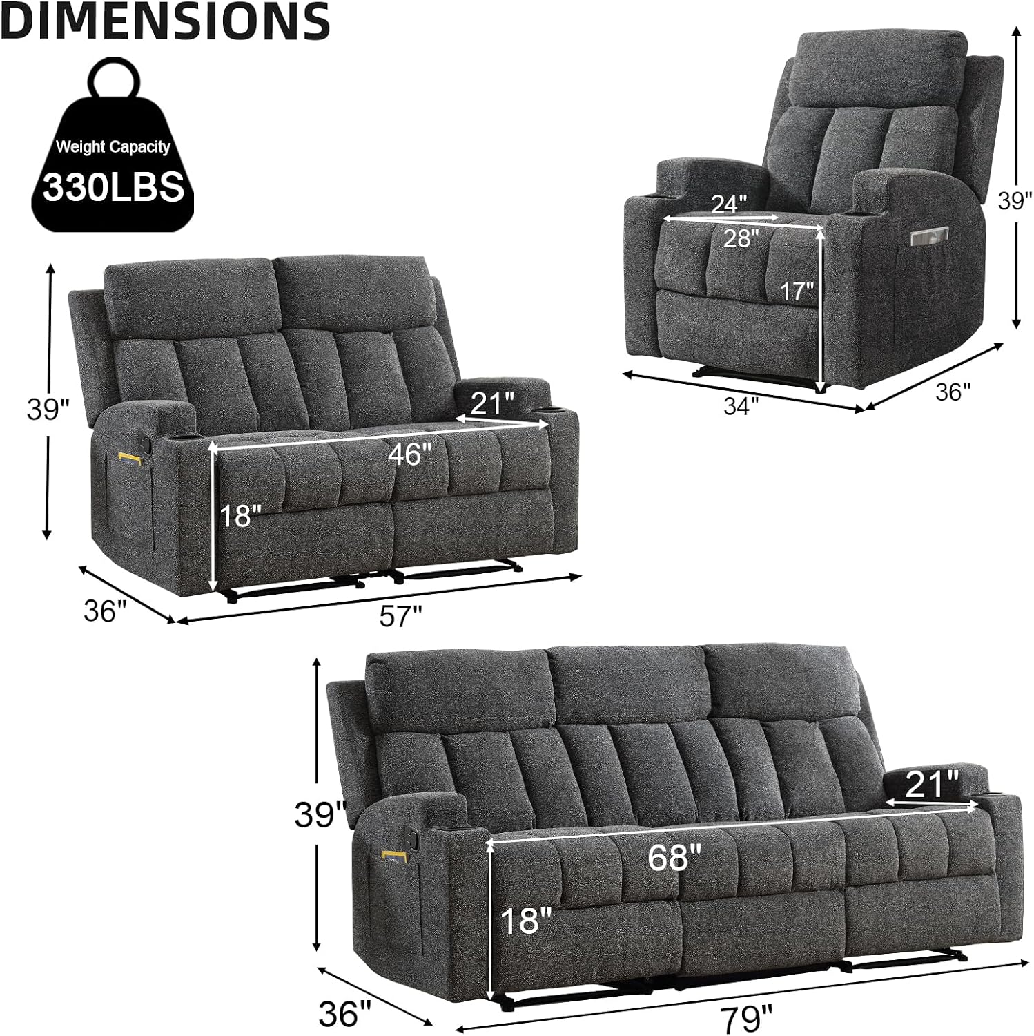 CANMOV Manual Fabric Recliner Sofa Set, Massage and Heated Chair, Reclining Loveseat and 3 Seat Sofa Couch with 2 Cup Holders, Storage Pockets and Armrest for Living Room, Bedroom Furniture, DKGray