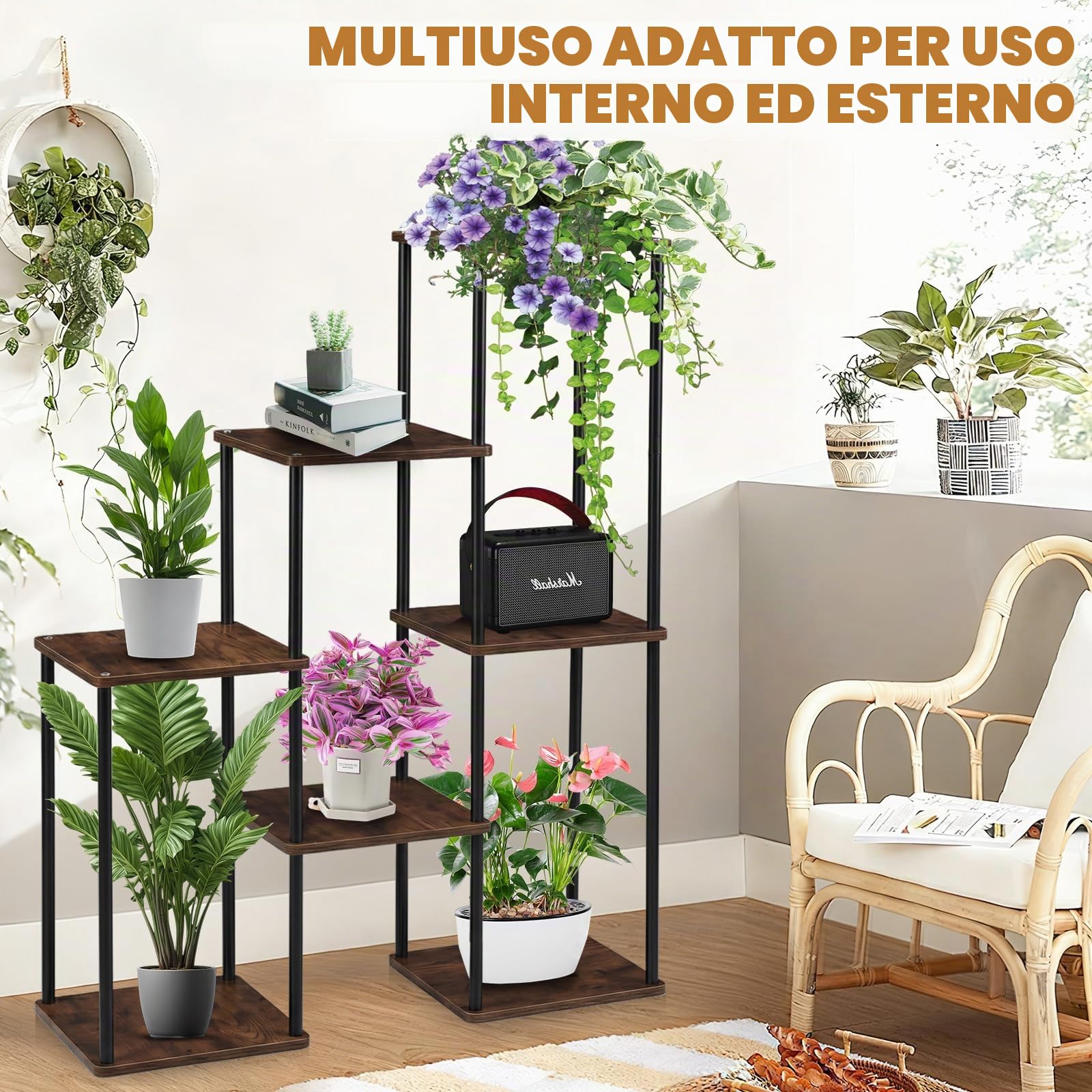 Supporto per Piante da Interno e Balcone | Portapiante Salvaspazio a Più Livelli in Effetto Legno, Struttura in Metallo Stabile, Montaggio Facile