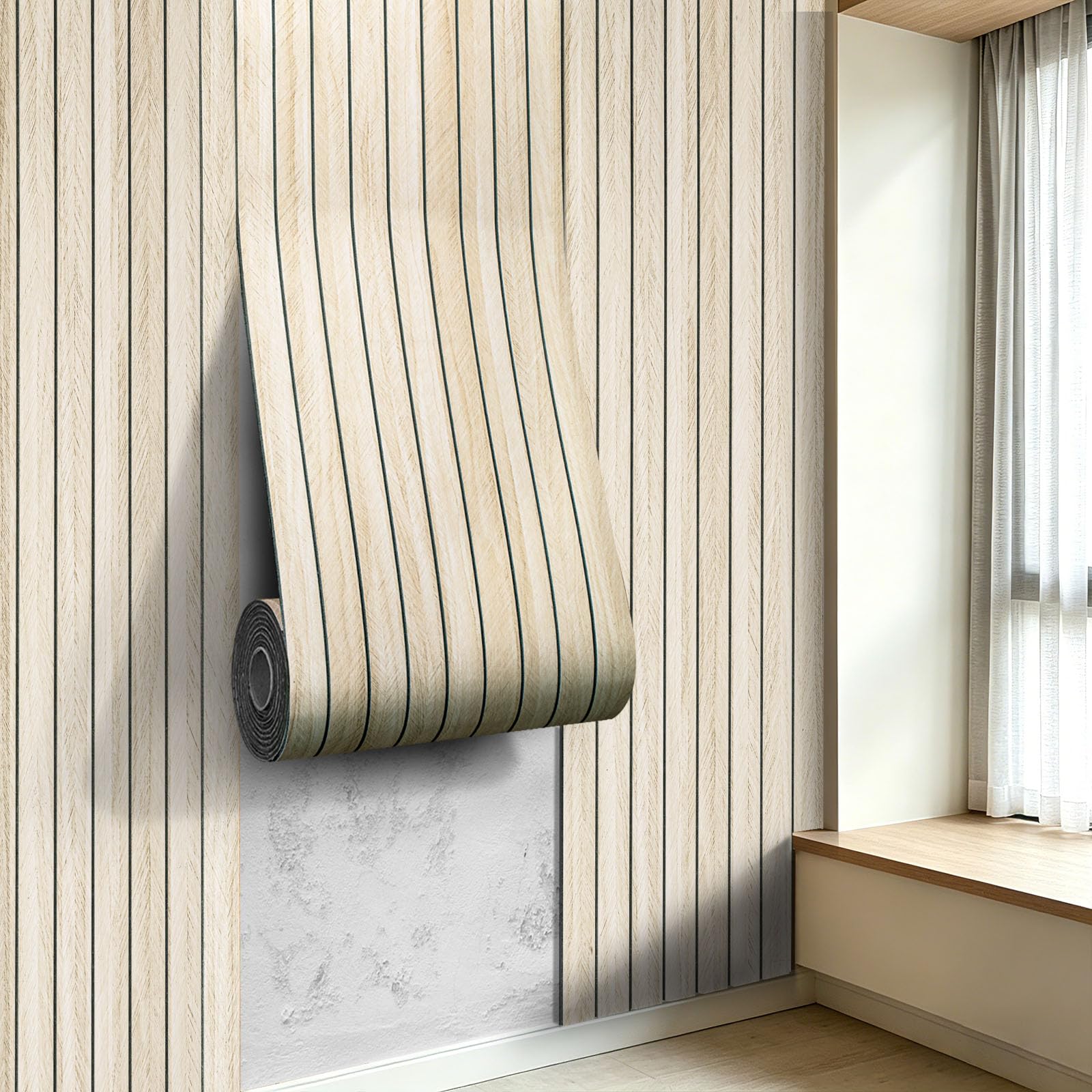 LOVADA 3D Peel and Stick Wall Panels PVC Grille Slat 120"x15.8" 310x40cm Self-Adhesive Wall Sticker Soundproof Paneling for Walls and Ceiling in Faux Herringbone Oak Texture