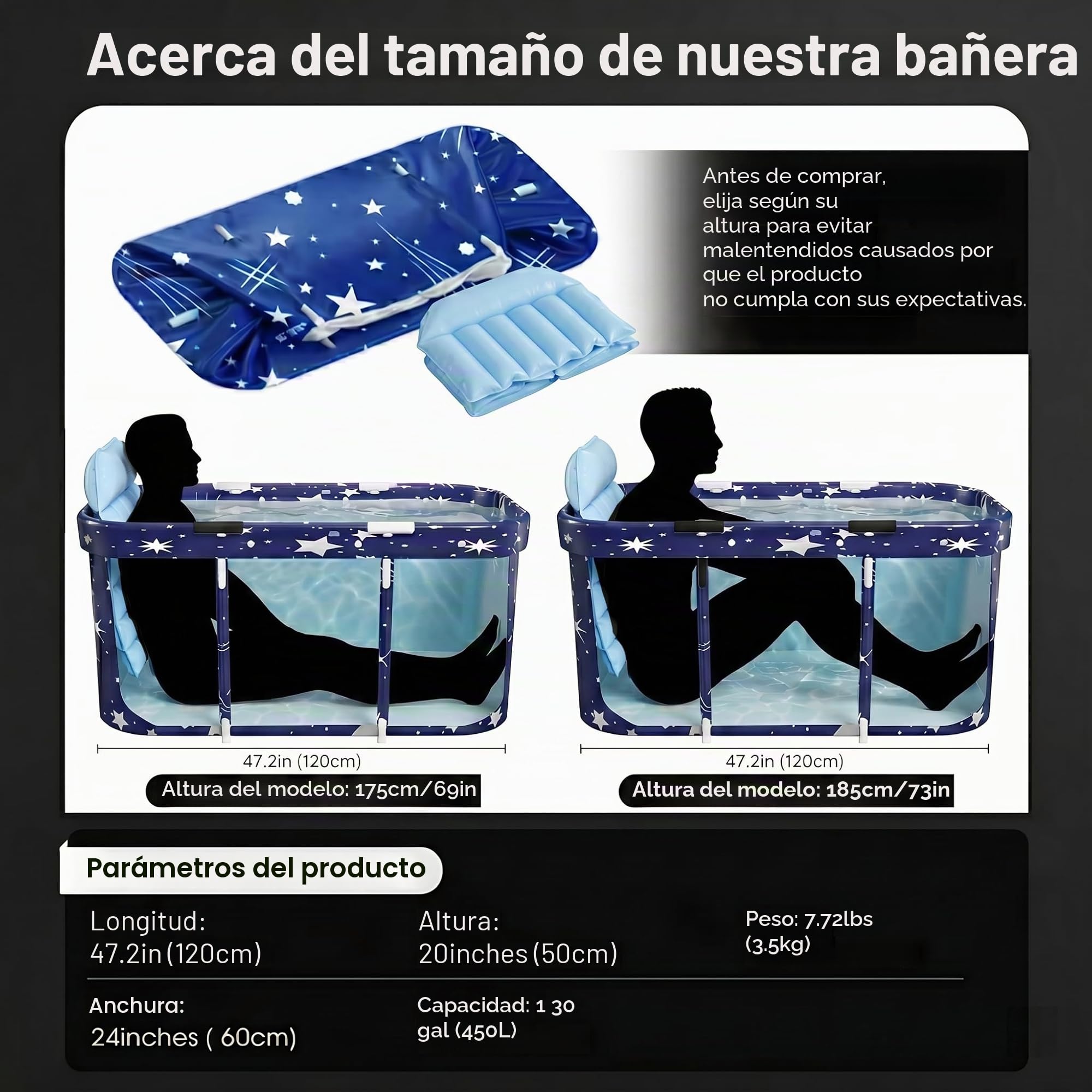 Bañera Plegable para Adultos Portátil 120 x 55 x 50cm Para Baño Caliente, Spa, Cubo De Baño Grueso, Bañera Grande De Múltiples Capas Con Respaldo, Cojín Y Bomba Inflable