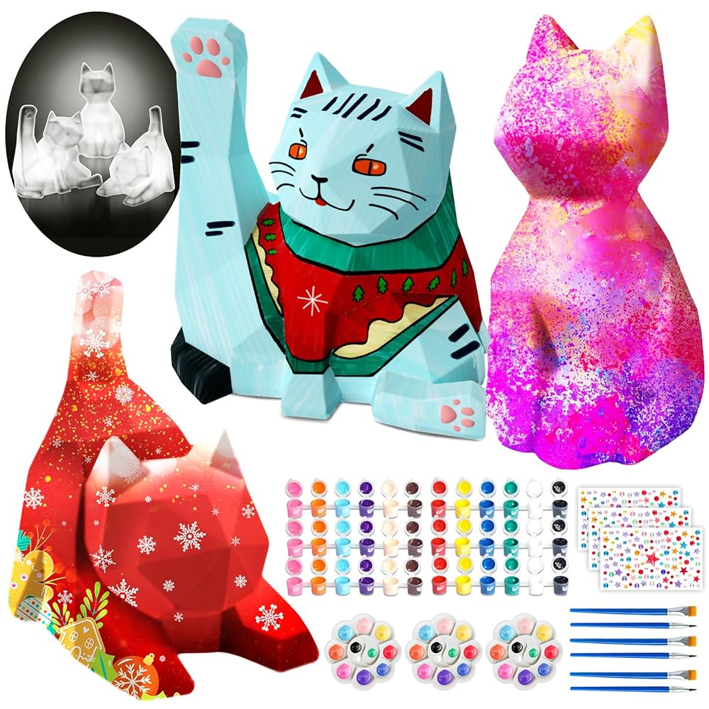 Goody King Paint Your Own Cat Lamp Kit 3pcs,DIY Cat Crafts Night Light, Arts & Crafts for Kids Ages 8-12, Painting Kit for Girls Boys Age 4 5 6 7 8+, Art Supplies Creative Gift for Birthday, Party