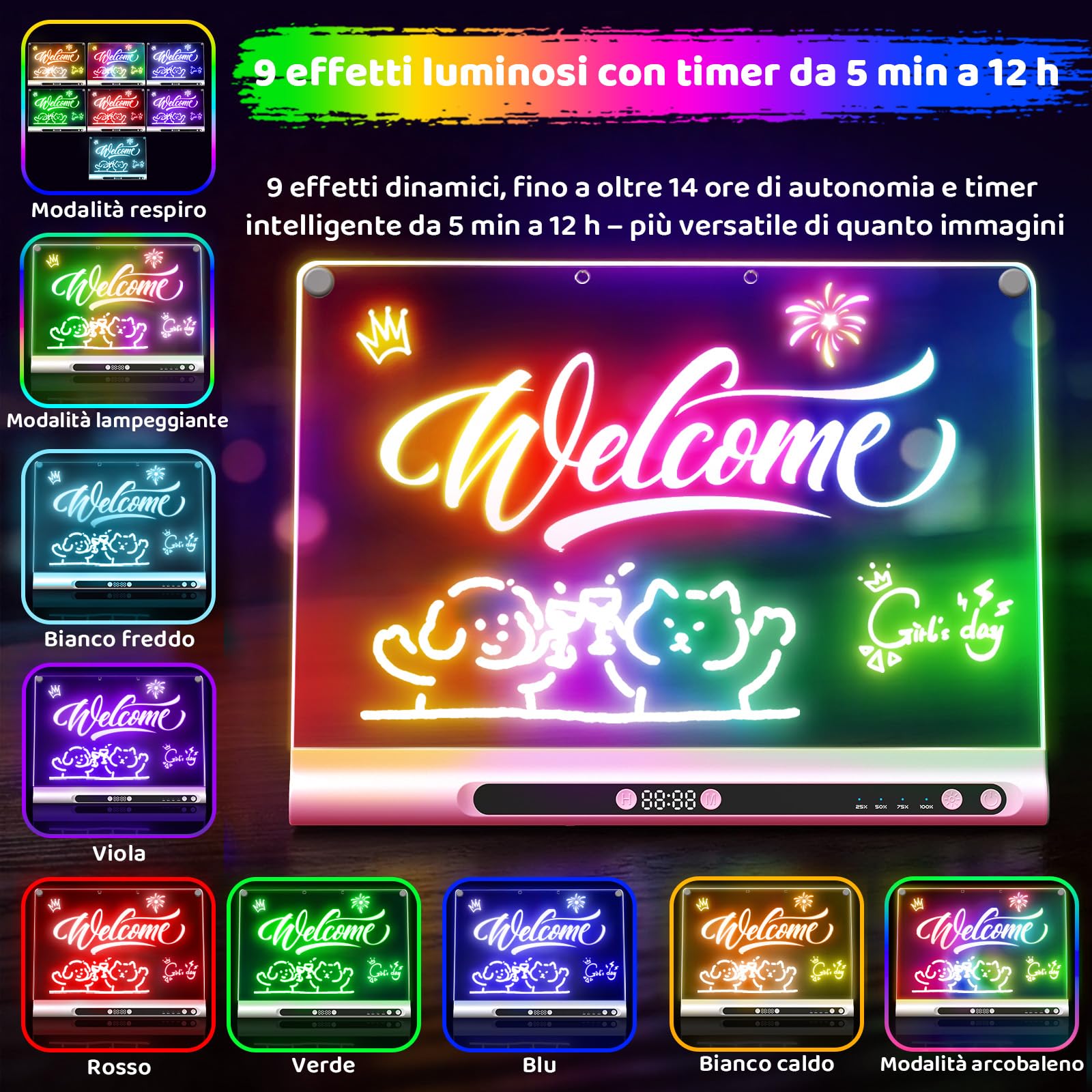 Lavagna Luminosa LED Ricaricabile 41 cm, 9 Modalità Luce con Timer & Supporto Integrato, Acrilica Neon Cancellabile a Secco, Regalo Bambini/Ragazze/Adolescenti, 6 Pennarelli & Libro Sagome, rosa