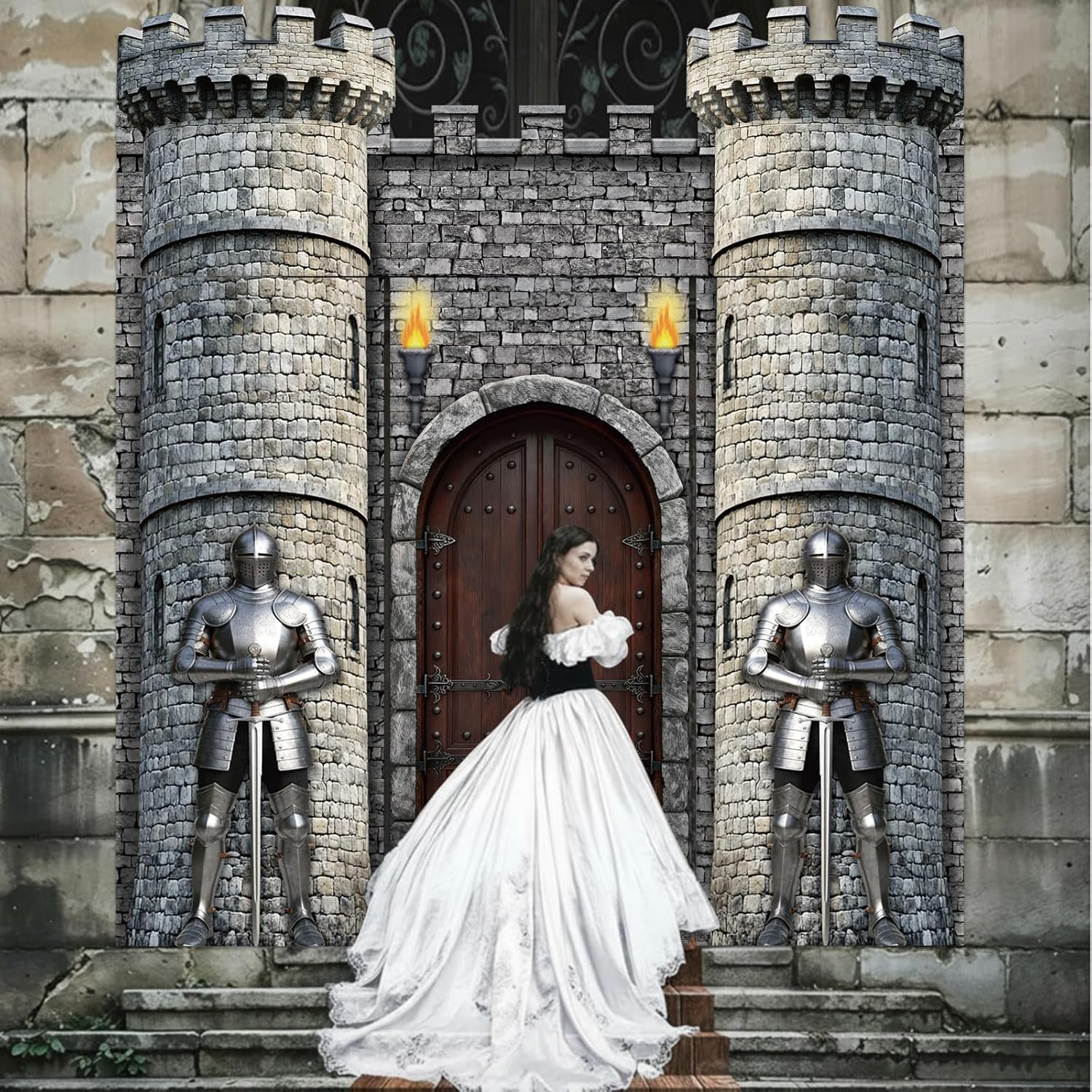 WovWeave 4 Pcs Medieval Door Decorations Set Knight Castle Door Covers Stone Tower Castle Hanging Banners for Medieval Knight Theme Classroom Office Home Party Photography Photo Background Decoration