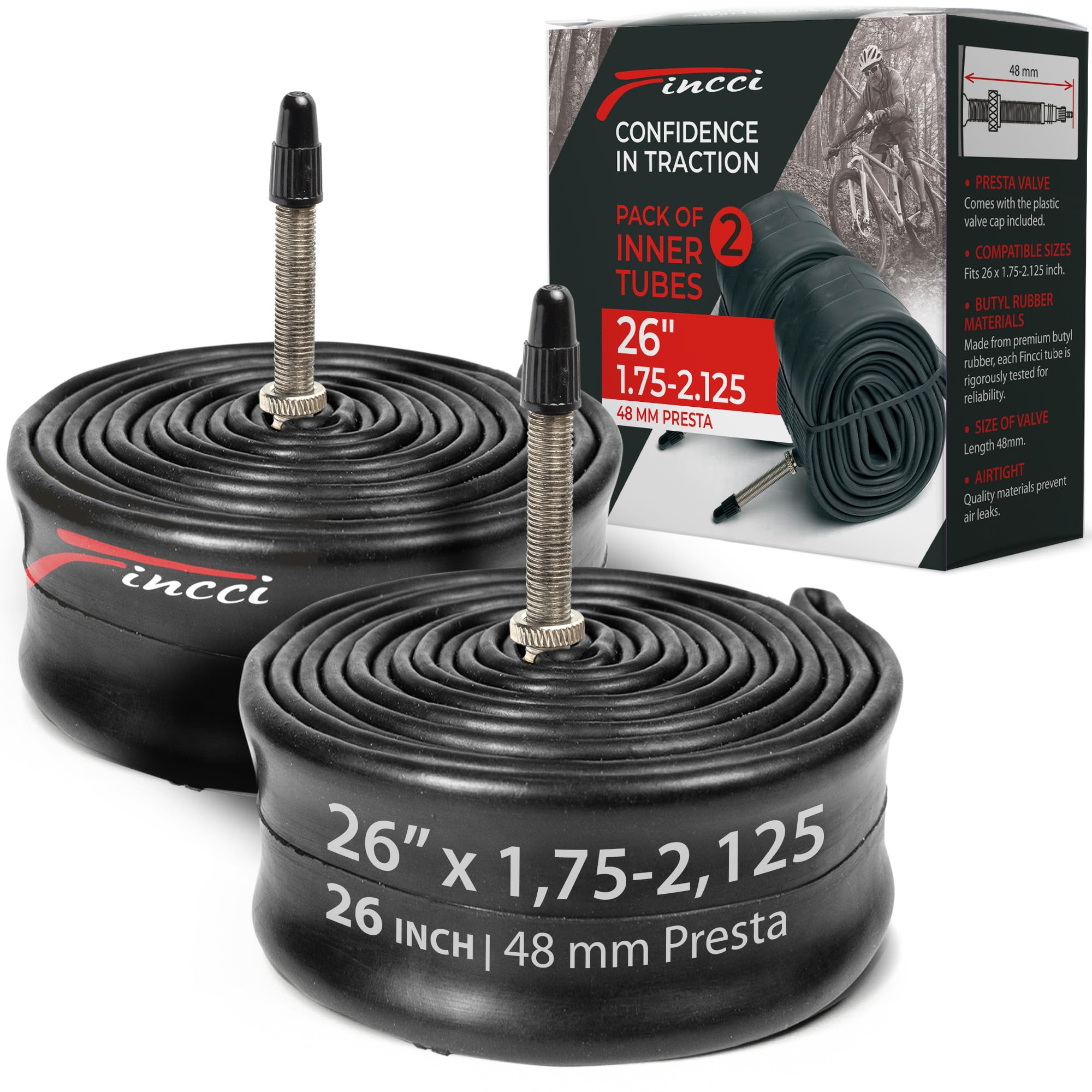 Fincci Cameras d'aria bici da corsa 26 x1.75x 1.95 x2.00x2.1 Coppia Camera d'aria 26 MTB - pollici per Montagna Strada Bici MTB Ibrida Uomo Biciclettas - Valvola Interna Presta 48mm - Confezione da 2