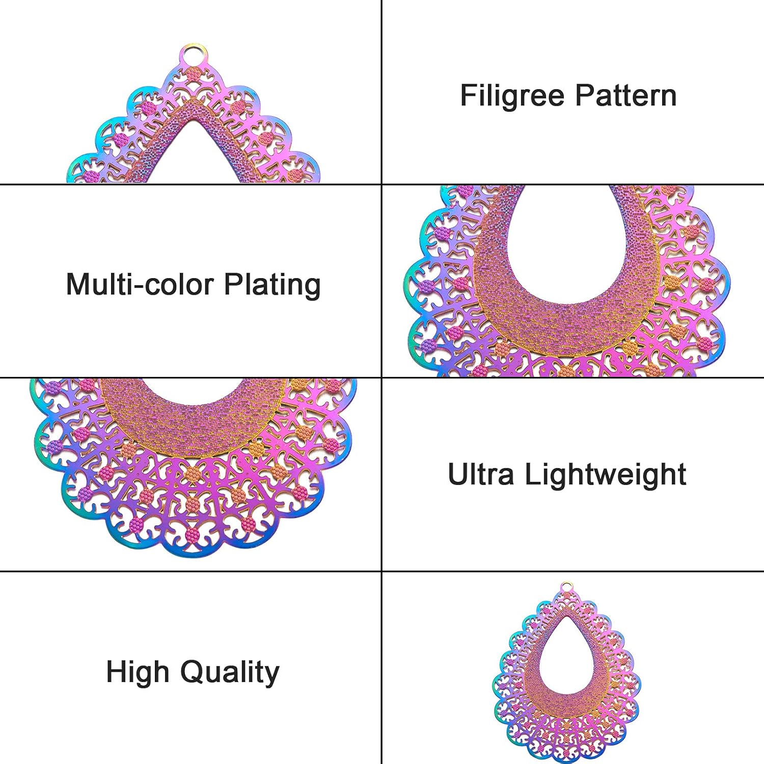 FASHEWELRY 48Pcs Stainless Steel Teardrop Filigree Charms Multi-Color Rhombus Kite Pendants Rainbow Etched Metal Embellishments for DIY Jewelry Making - Image 6