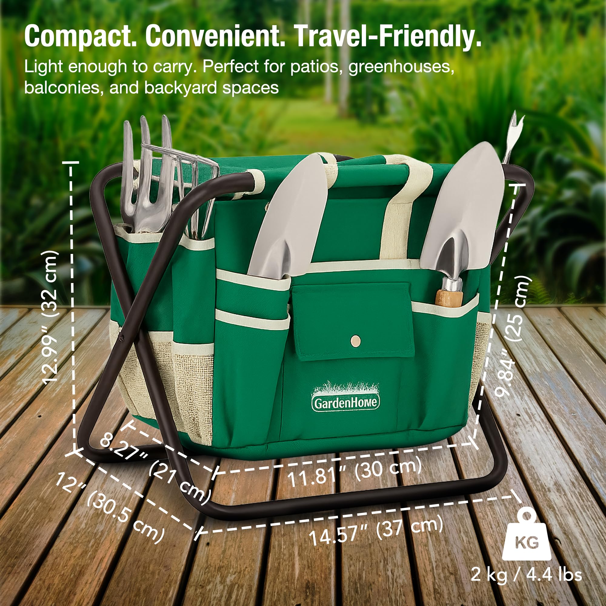 GardenHOME Set di Attrezzi da Giardino 7 Pezzi Kit Giardinaggio, Utensili da Giardino in Acciaio Inossidabile con Sgabello Pieghevole e Borsa