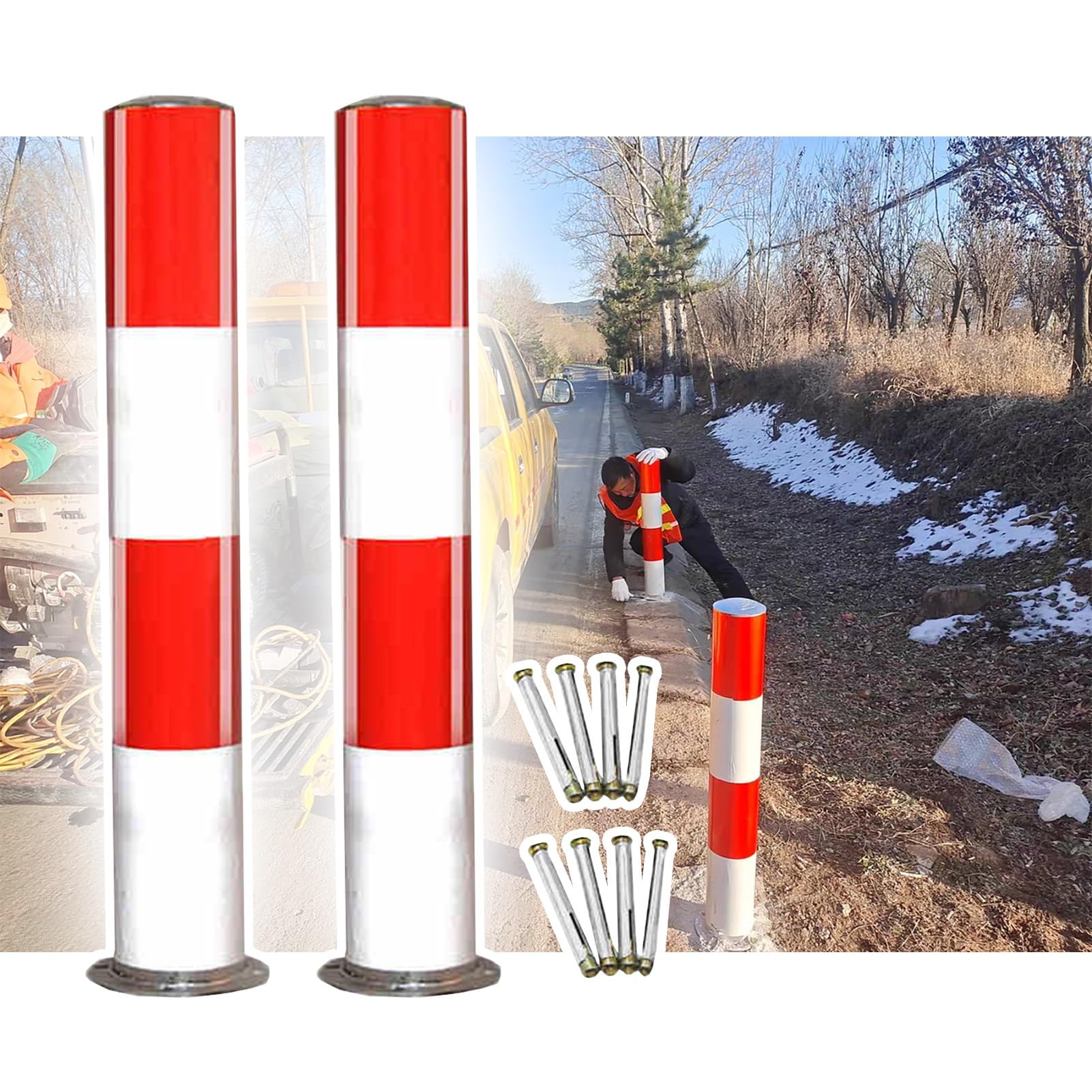 Generico Confezione da 2 dissuasori di Sicurezza con Striscia Riflettente, palo e Base in Acciaio, delimitatore Resistente per vialetti e Aree sensibili (80x114 cm, Spessore 2 mm)