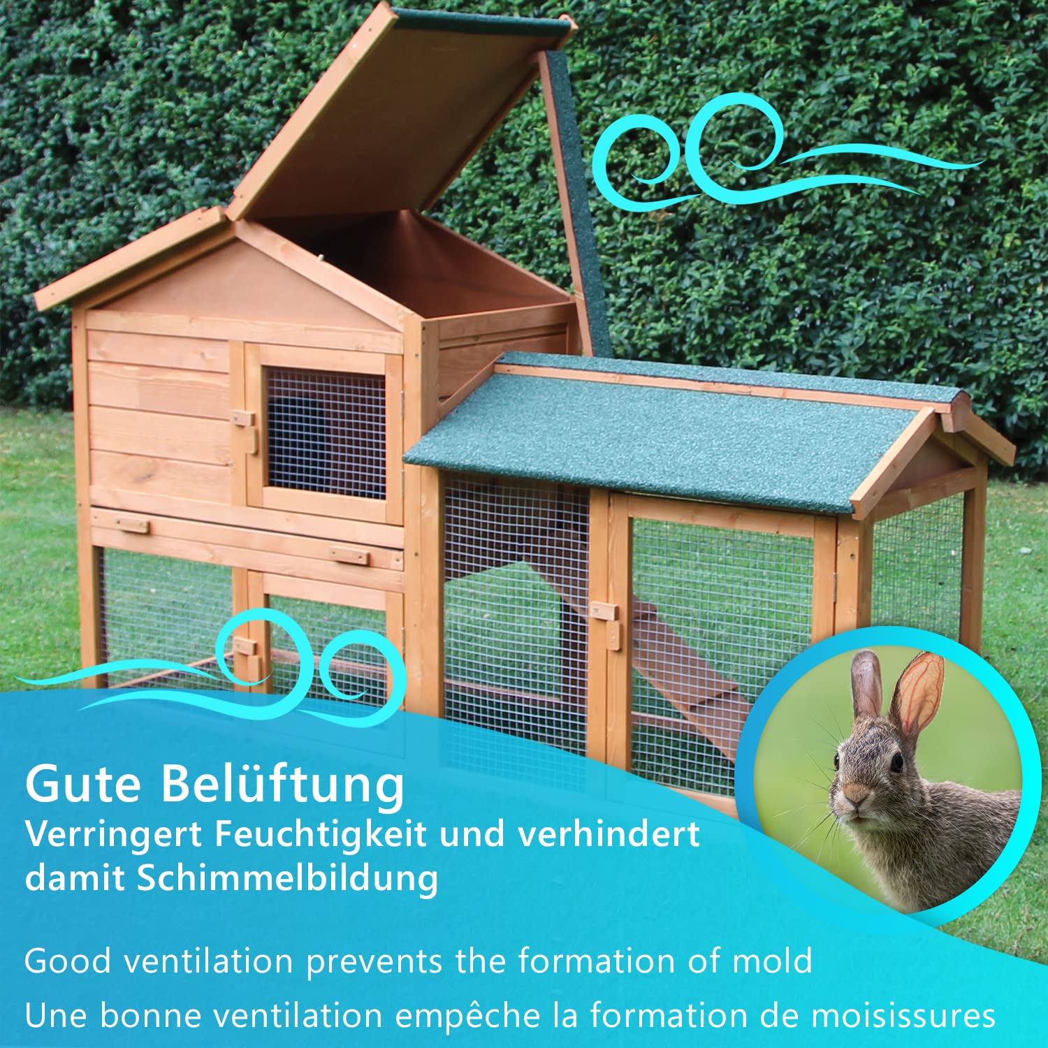 NYVI Hasenstall mit Auslauf - XXL Kleintierstall mit Gehege - Kunststoffschublade - Einfach zu Reinigen - Einfache Montage - Outdoor Kaninchenstall 146x86x52cm Naturbraun