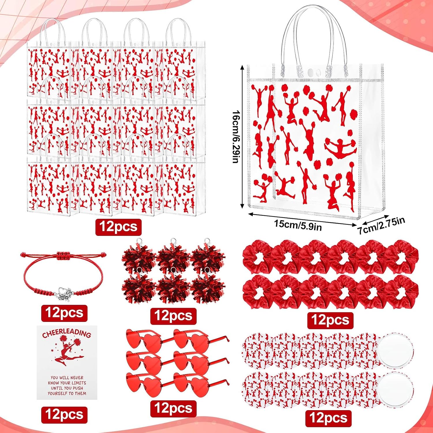 Equsion 84 Pcs Cheer Gifts Bulk for Team Bags Keychain Bracelet, Red image 3