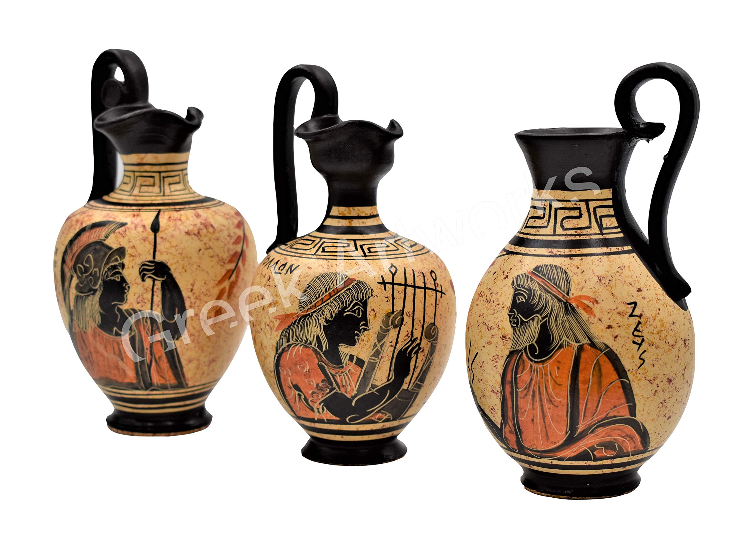 Set 3 Keramikvasen mit schwarzer Figur aus griechischer Keramik Zeus Apollo Athena