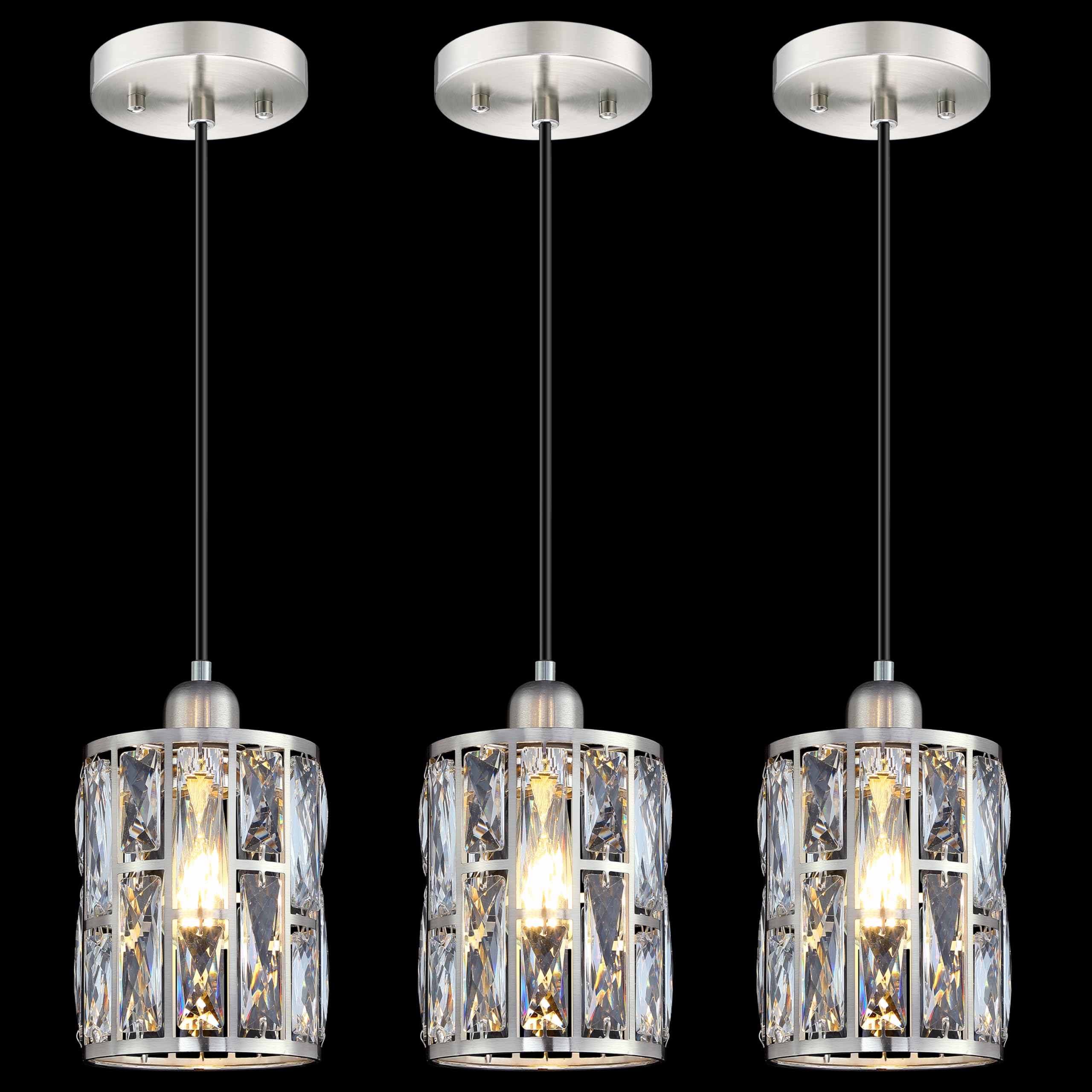 Photo 1 of Doraimy Lighting 3 Pack 1 Light 5.3" Crystal Hanging Kitchen Island Pendant Light Brushed Nickel Finish,Concise Pendant Fixture Crystal Plate Metal Shade for Bar,Dining Room,Living Room Over Sink