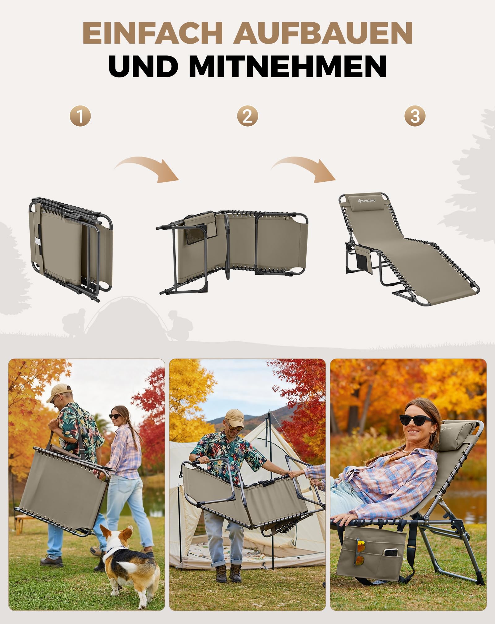 KingCamp Set: Klappbare Sonnenliege mit weicher Matratze – 5-stufig verstellbare Gartenliege (bis 180kg) & rutschfeste XL Liegebett-Auflage, Komfort-Set für Camping, Garten und Strand