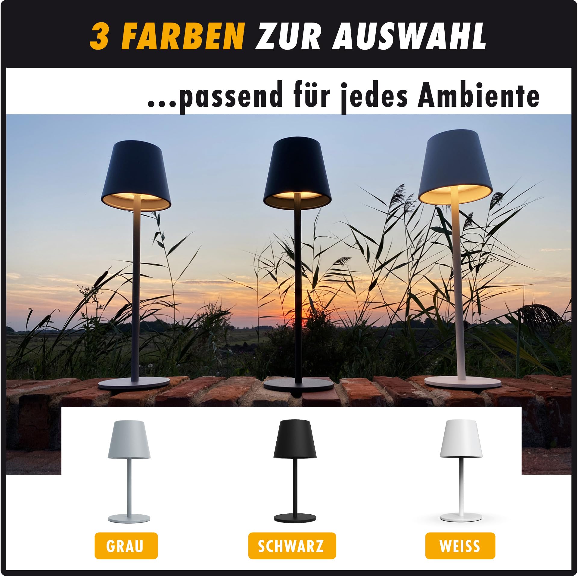 m-e LUNA-80-G, 3er-Set dimmbare kabellose LED Akku-Tischleuchte, 5200mAh, 8-72 Std Leuchtdauer, höhenverstellbar (5 Höhen), Touch-Sensor, Warmweiß & Farbwechsel (7 Farben), aus Metall
