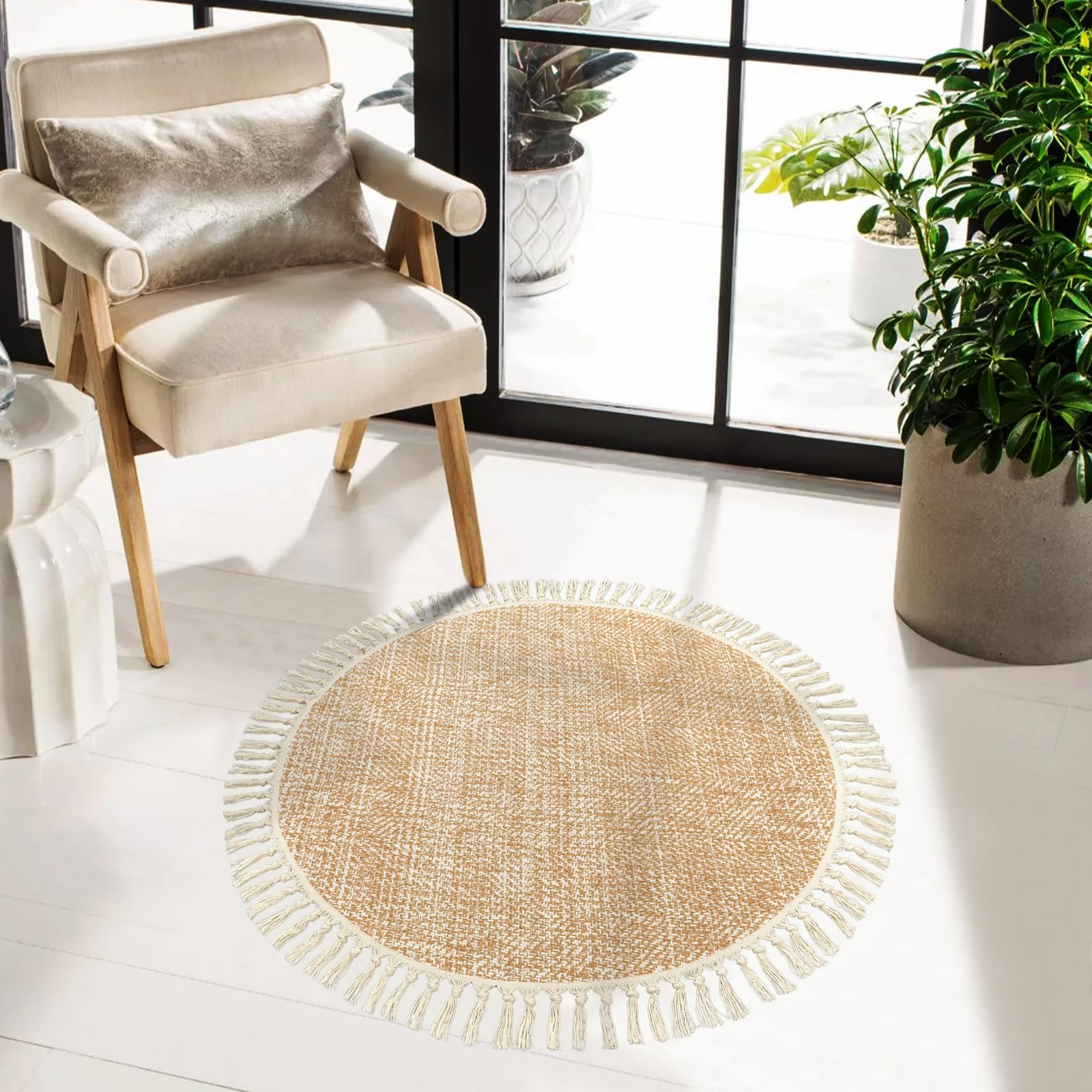 collive hand woven round area rug soft cotton machine washable carpet 3ft farmhouse rugs with tassels, tan/cream circle rugs for bedroom living room dining room table office