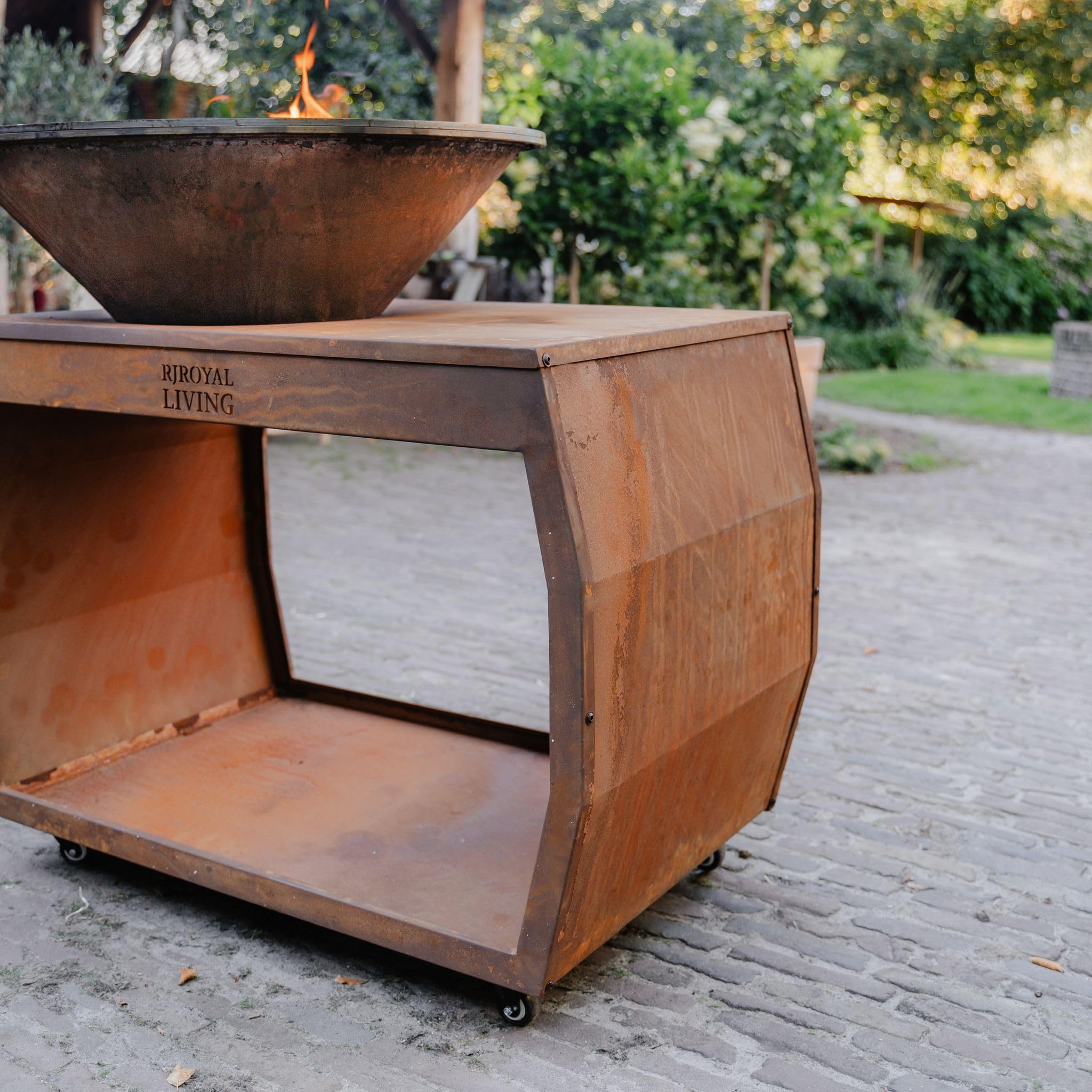 Barbecue Plancha Grill Big Jack 3.0 in acciaio Corten, anello di fuoco, braciere con piastra di fuoco, cestino per il fuoco, braciere