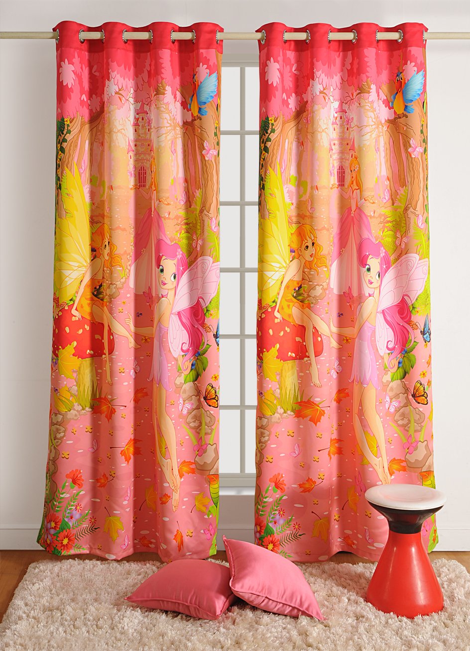 Swayam Colorful Cartoon Printed Kids Window Curtains - Faux Silk Fabric with Eyelets for Easy Hanging and 100% Blackout - Peach