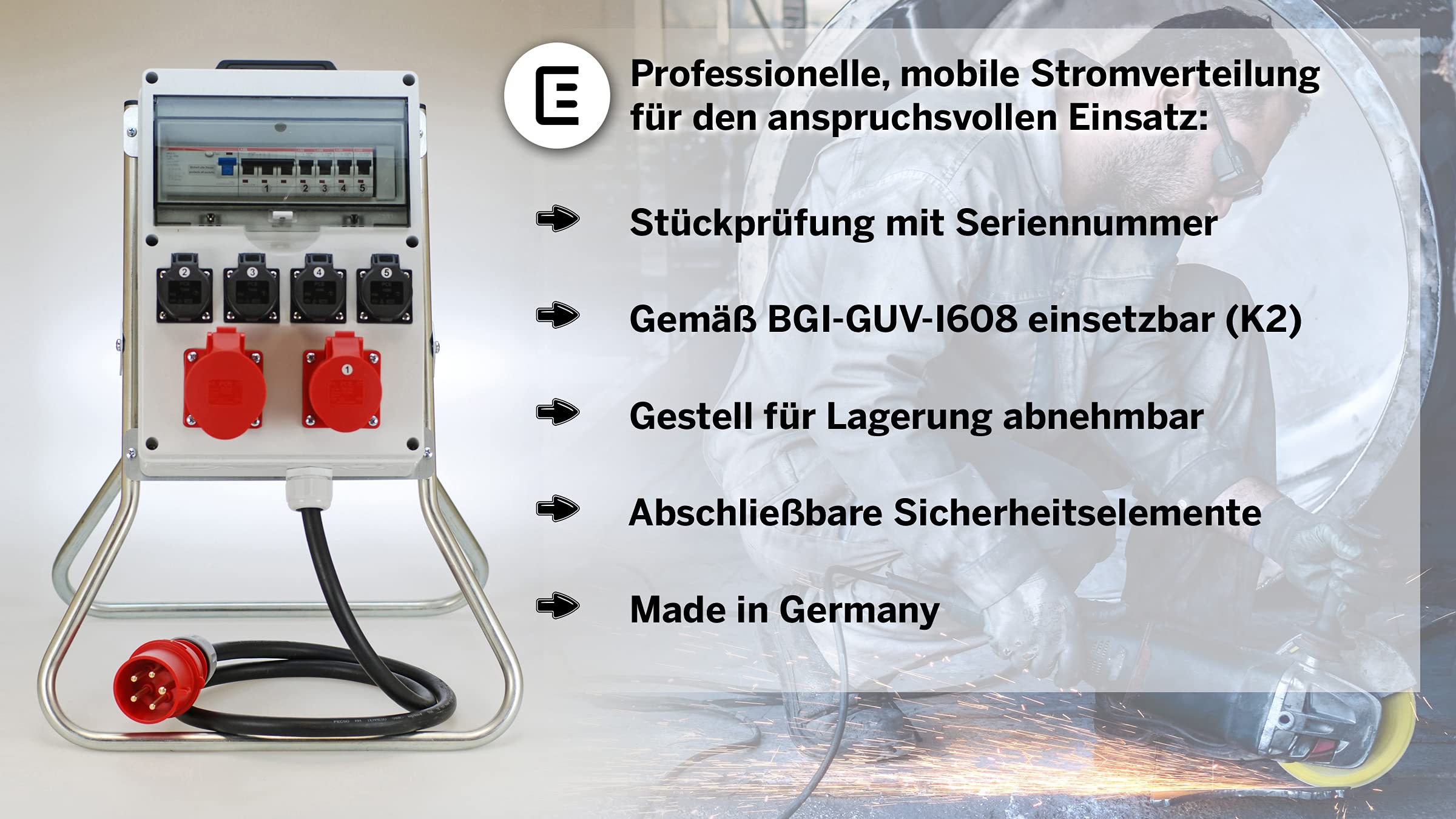 Ehmann PROFI Verteiler mit Gestell und FI/LS Schalter, Made in Germany, 6 Ausgänge (1 x CEE 32 A / 1 x CEE 16 A / 4 x 230 V~), 2 m Zuleitung H07RN-F 5G 6,0mm², IP54, K2, BGI-GUV-I608