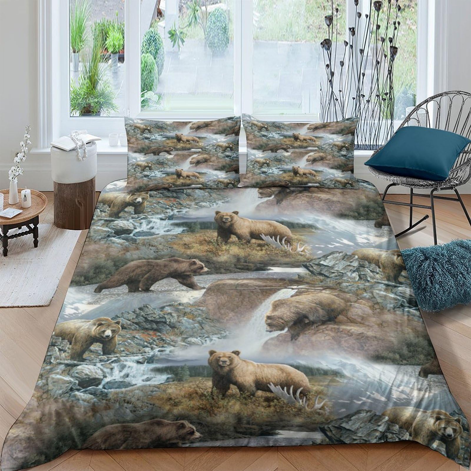 Ctjqhvkz Style-2 3D Printed Forest River Bear Fitted Sheet Microfiber Soft Breathable Woodland Animal Mattress Cover Bedroom Decor Single（135X200cm）