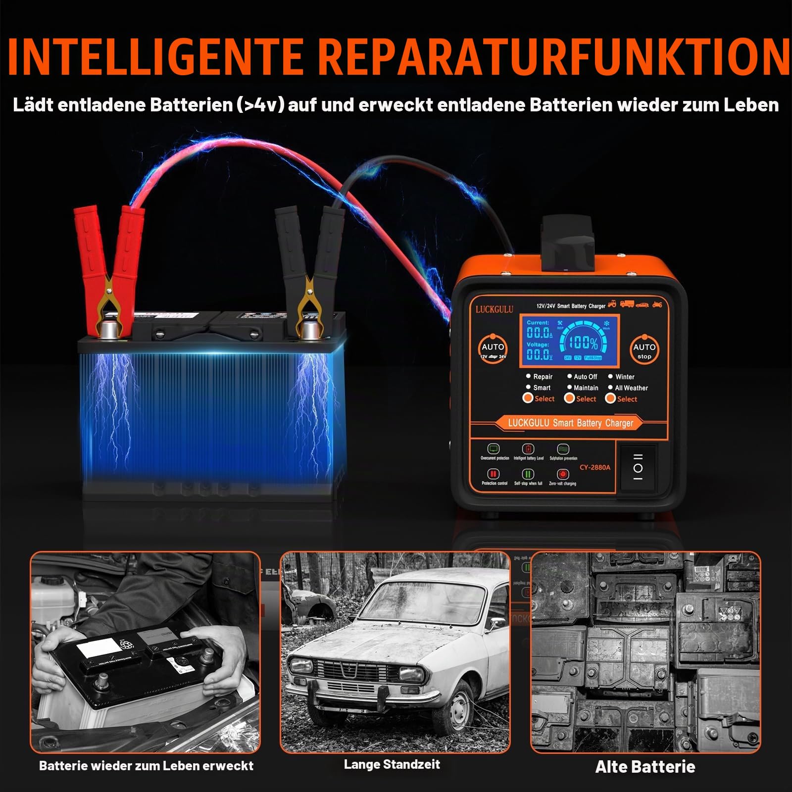 12V/24V Autobatterie Ladegerät 20A Schwerlast-Automatisches Lade- &Wartungsgerät mit Reparatur-Modus,Winterprogramm,Auto-Stopp Schnelllader für Auto,LKW,Motorrad,Wohnmobil,AGM,Deep-Cycle Batterien