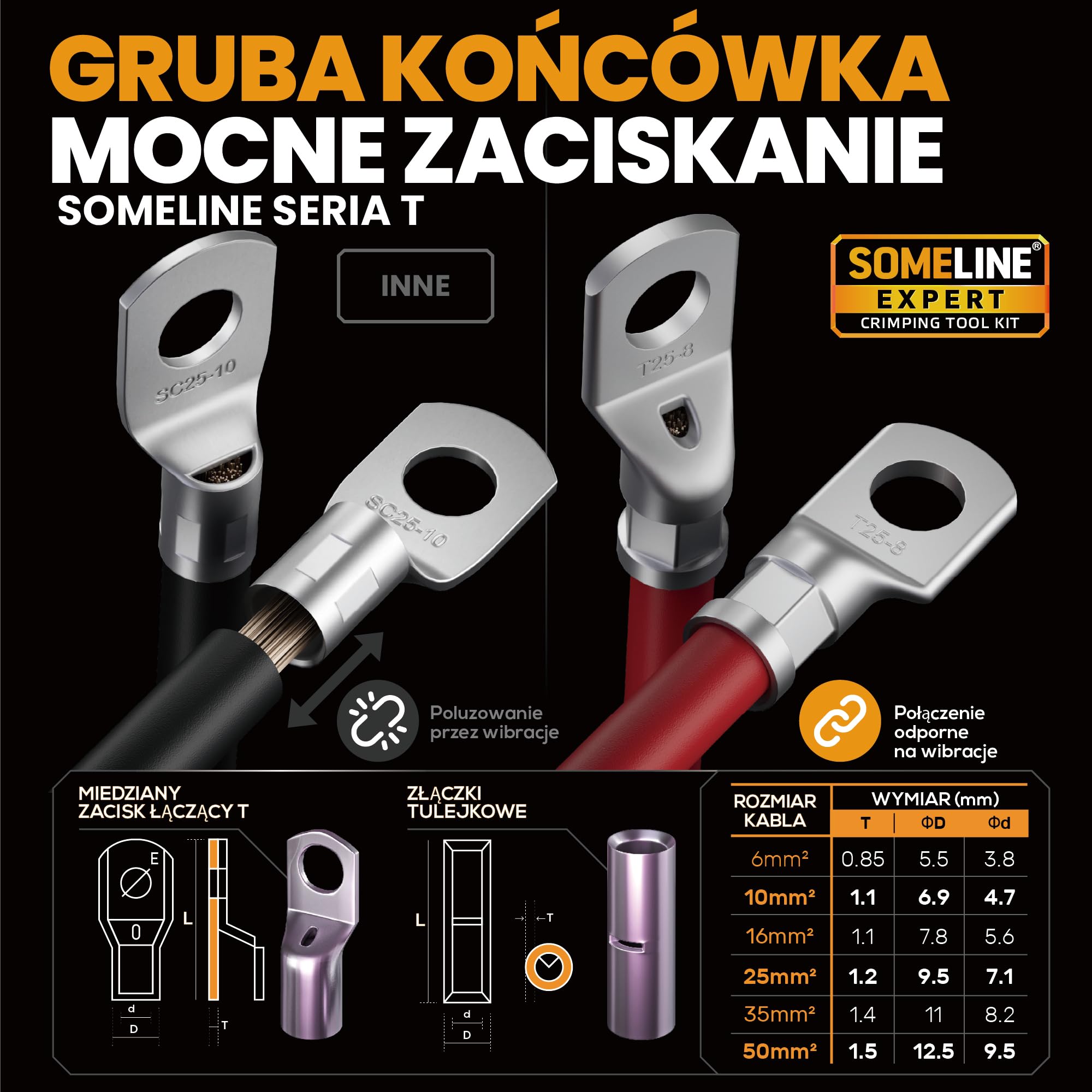 SOMELINE Szczypce do zaciskania końcówek kablowych 6-50 mm², zestaw końcówek kablowych, końcówki oczkowe z cynowanym otworem na śrubę, miedziane, zestaw szczypiec do zaciskania, elektronarzędzie
