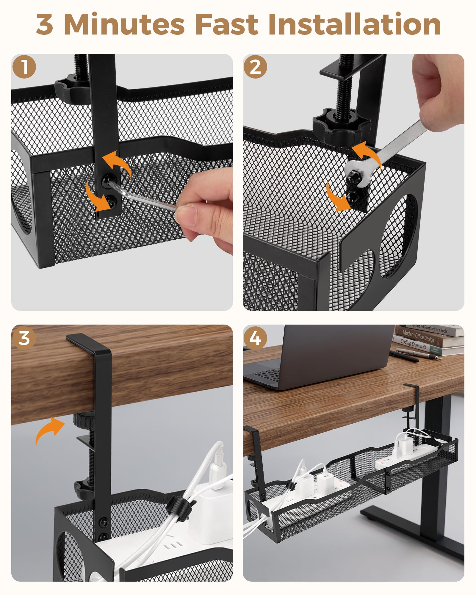 Gestion des câbles sous le bureau, 63,5 cm, organiseur de cordon en métal, noir