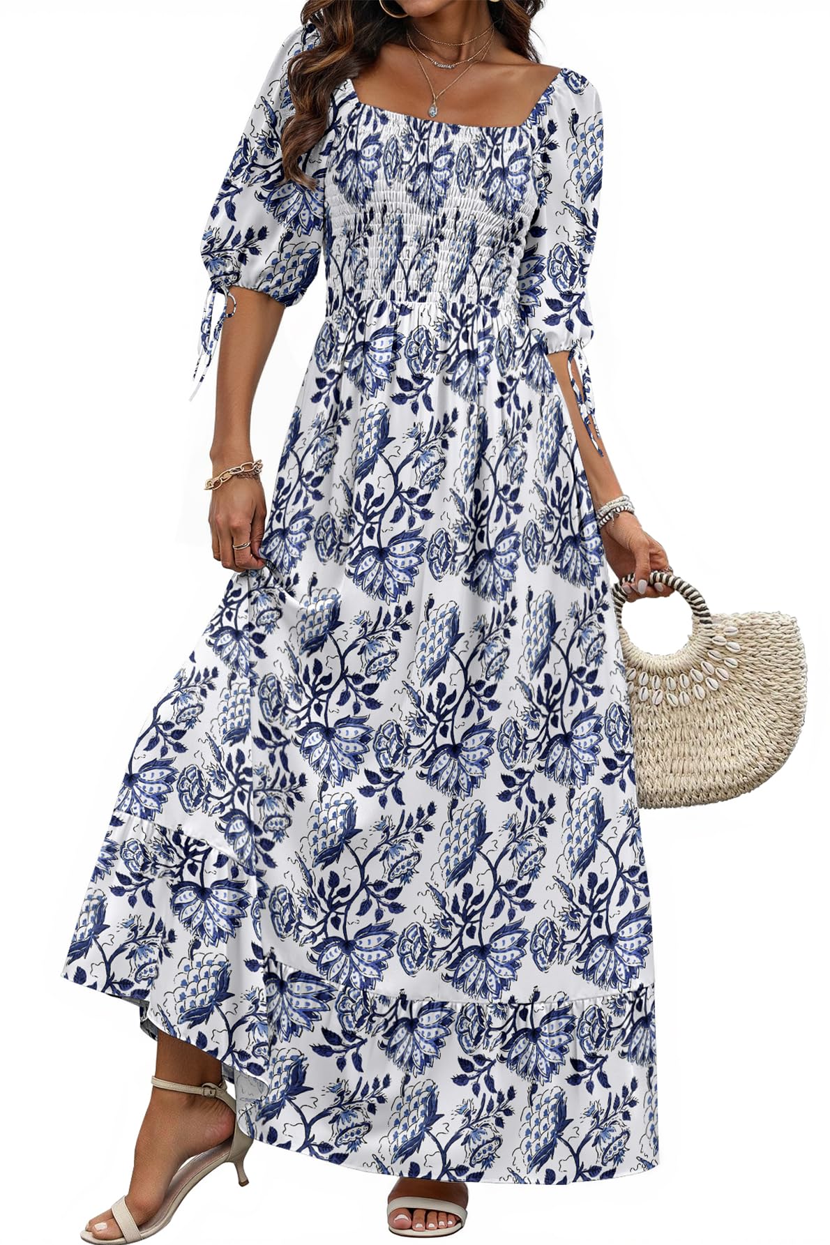 Women Boho Maxi Dresses Summer 2025 Puff Sleeve Square Neck Smocked Aline Casual Ruffle Tiered Flowy Beach Long Dress Pocket